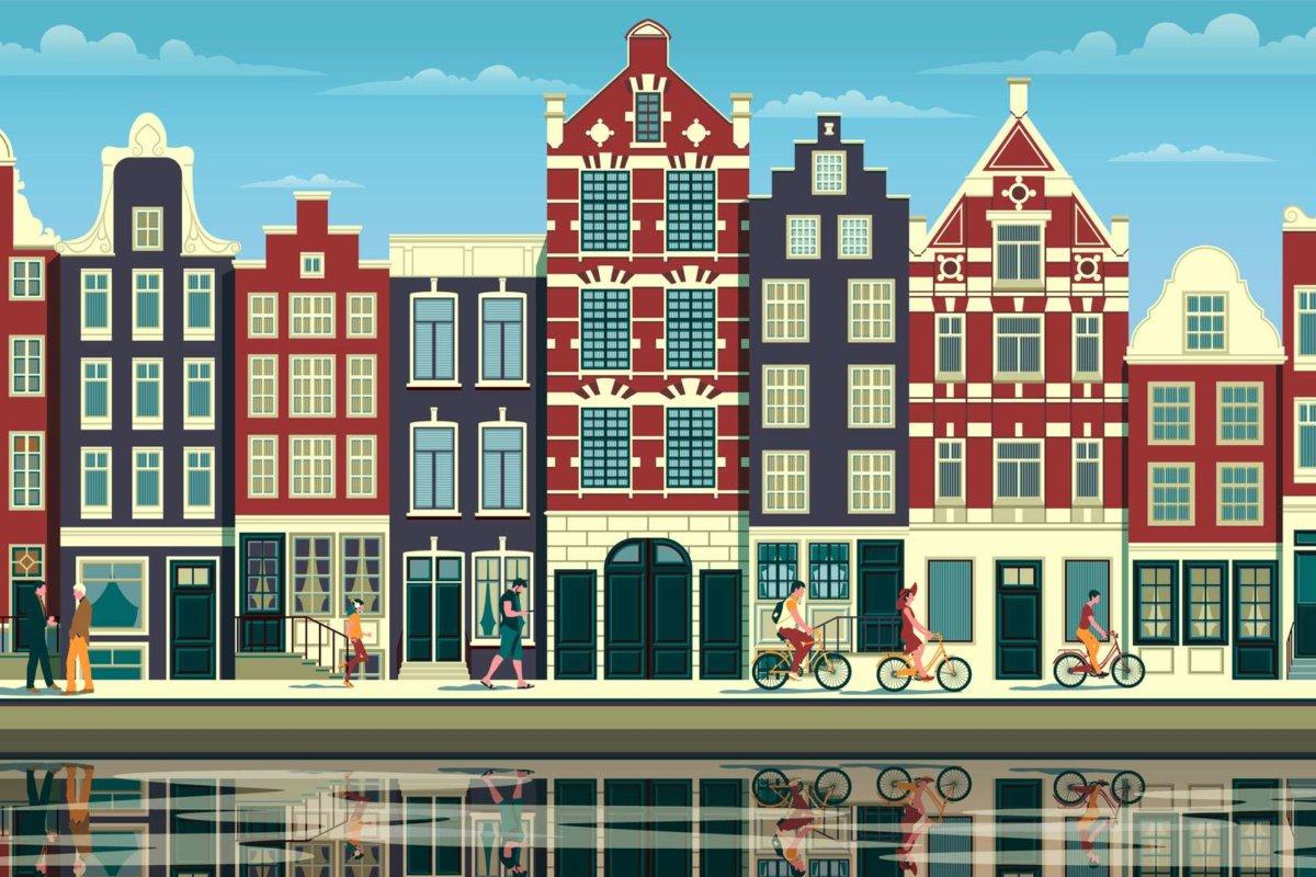 A street in Amsterdam with traditional buildings, walking people and reflections in the water