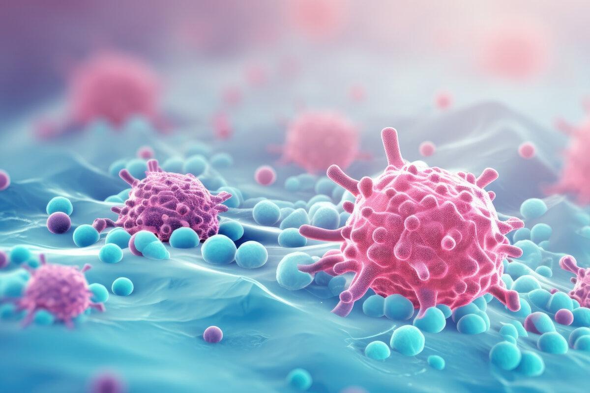 Krebszellen unter dem Mikroskop beobachtet Wissenschaftliches Bild Krebsmedizin Chemie und Biologie mit Copyspace für Text