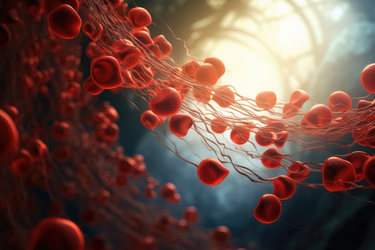 3D illustration of red blood cells flowing through the center of the cell, A 3D rendering of a blood vessel with blood cells flowing in one direction, AI Generated