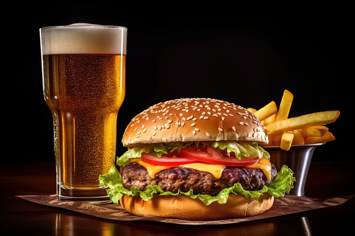 Beer, and still side with a hamburger with potatoes