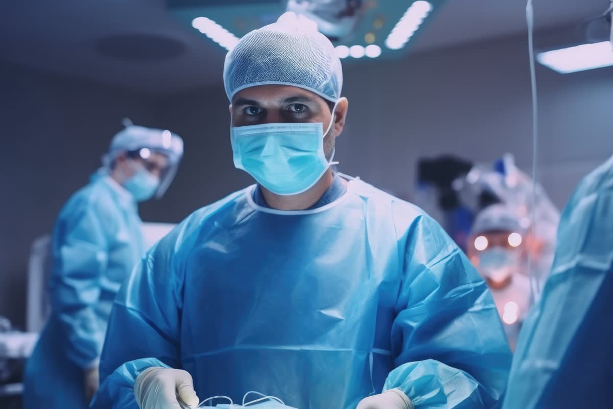 A focused doctor in scrubs and mask stands in an operating room, surrounded by medical equipment AI generated