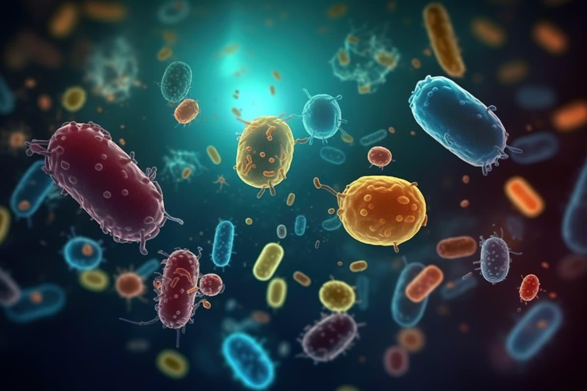 Probiotics Bacteria Biology, microflora. Bowel health, Escherichia coli, colony. Microorganisms under microscope. Probiotics. Intestinal bacteria, Gut flora. Pathogenic infection agent.