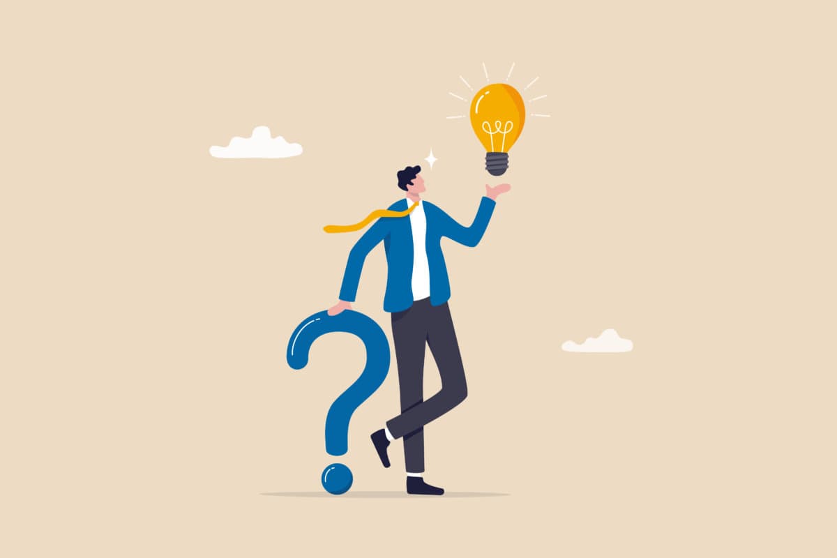 Question and answer, q and a or solution to solve problem, FAQ frequently asked question, help or creative thinking idea concept, smart businessman holding question mark sign and lightbulb solution.