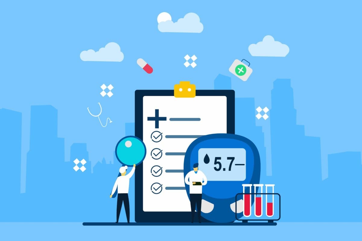 Website or Landing page with blood glucose testing meter,diabetes and insulin production concept vector.