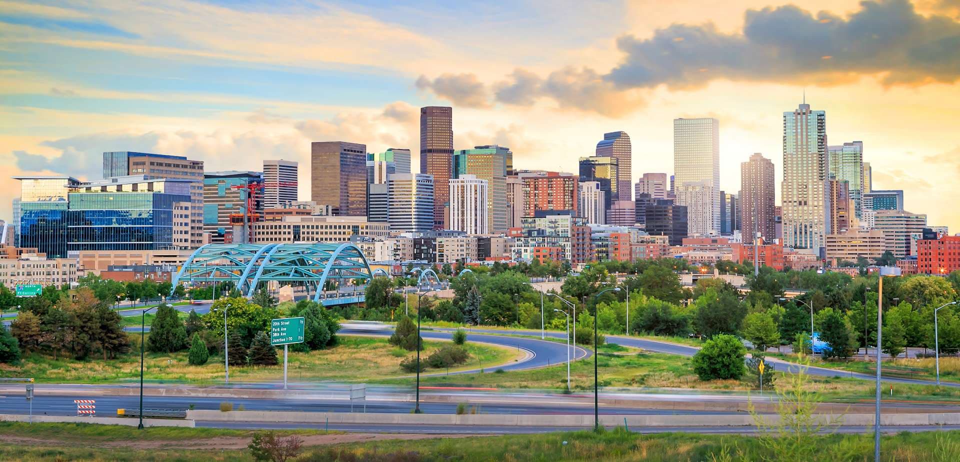 Panorama of Denver skyline at twilight.