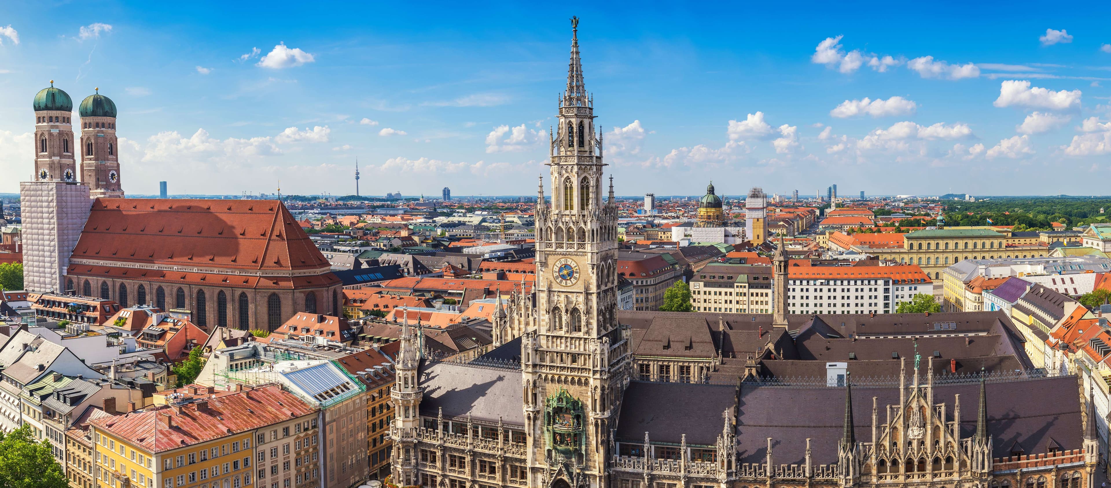 Munich city skyline at Marienplatz new town hall, Munich, Germany