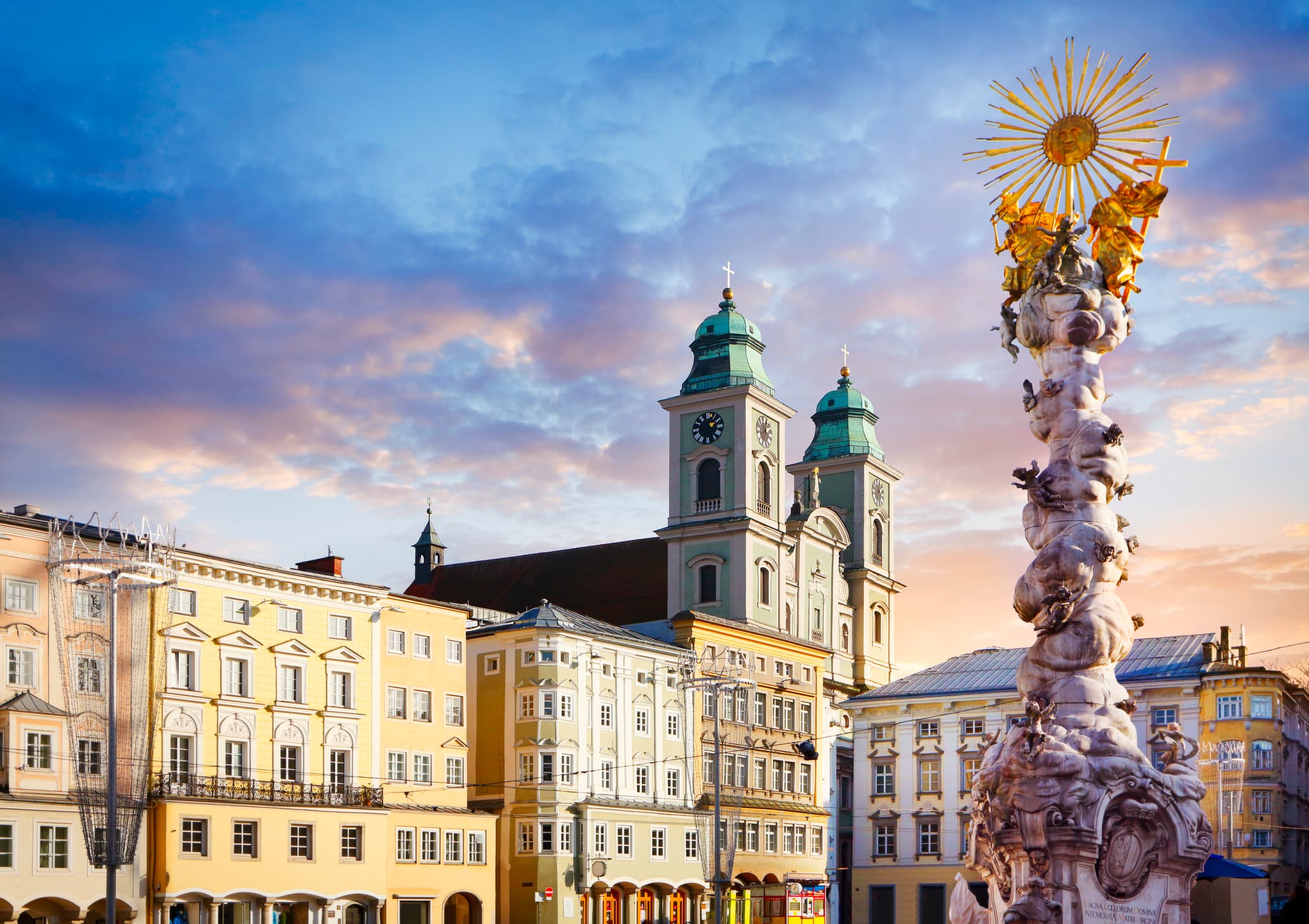 Main square in Linz with Alter Dom and Holy Trinity column