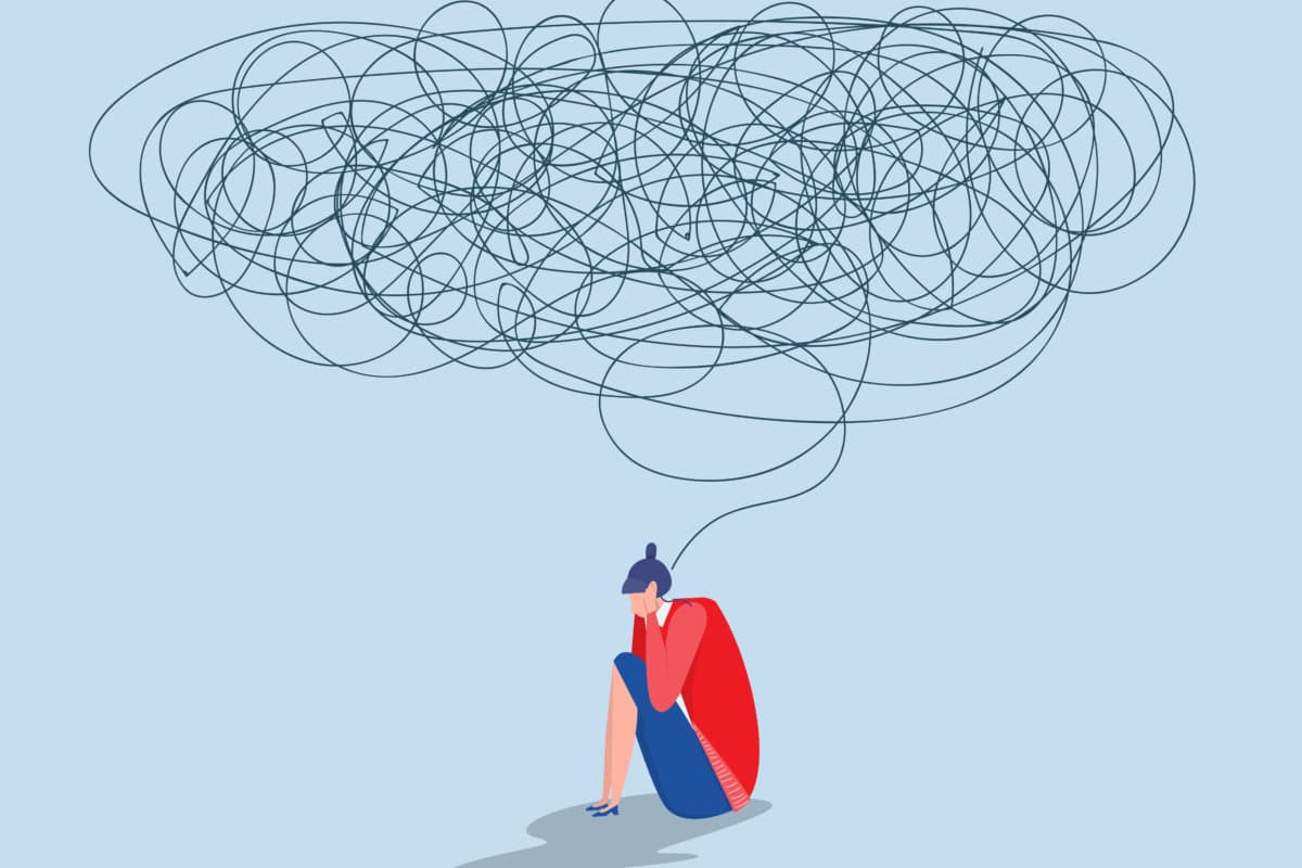 Confused female with chaos in head,Depression woman sitting on the floor young woman confused anxiety disorder messy insanity vector