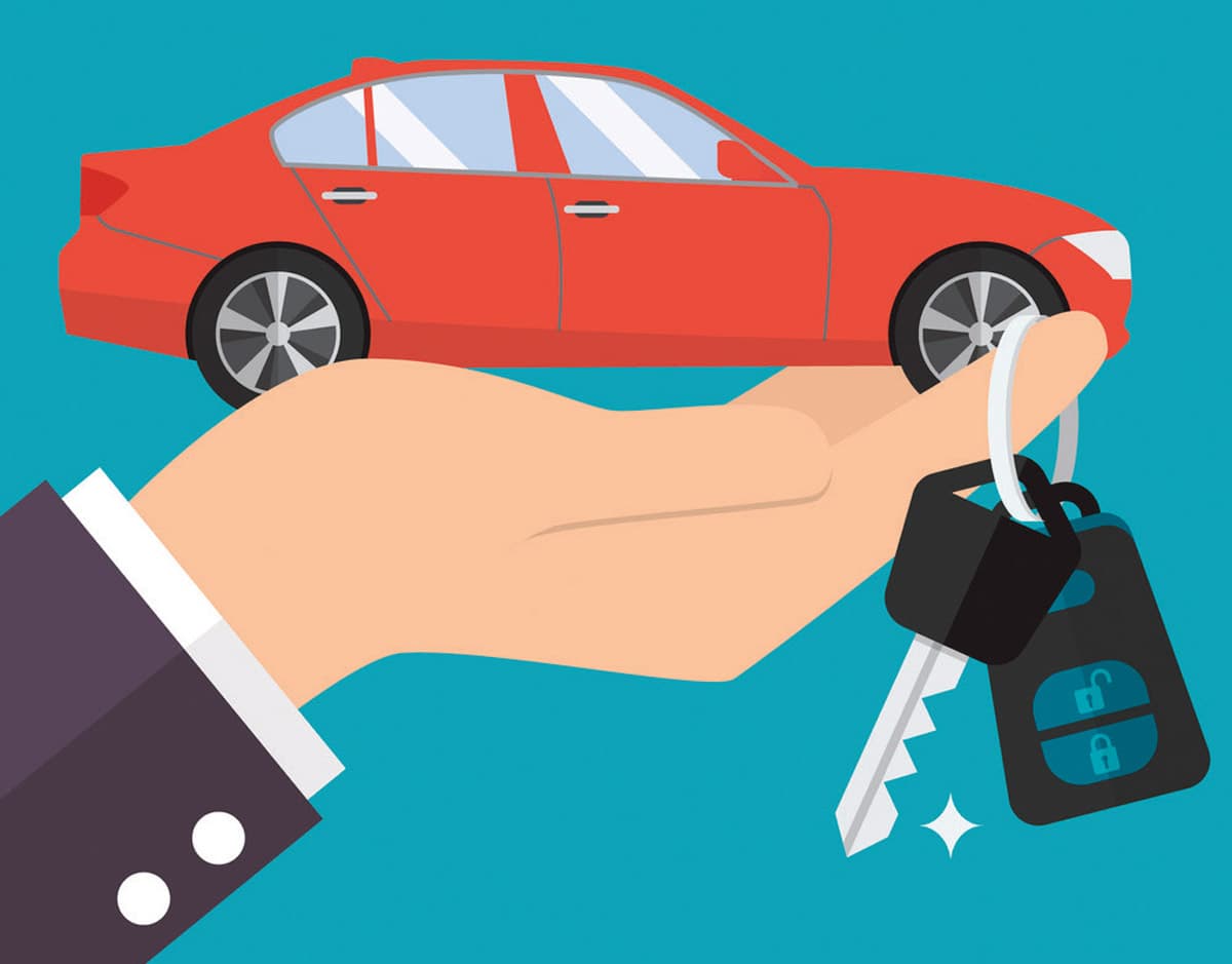 Illustration, Hand die ein Auto und die Schlüssel dazu hält.