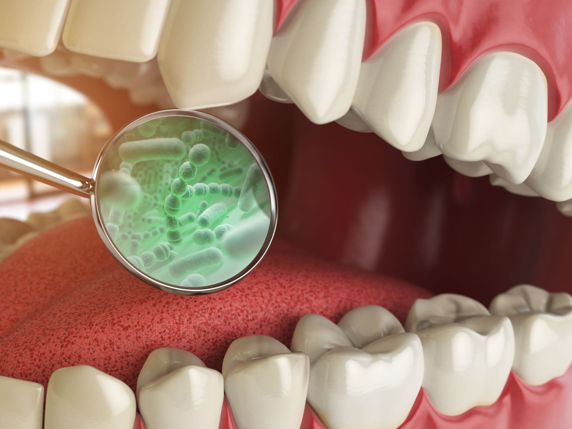 Bakterien und Viren um den Zahn. Medizinisches Konzept der Zahnhygiene. 3D-Illustration