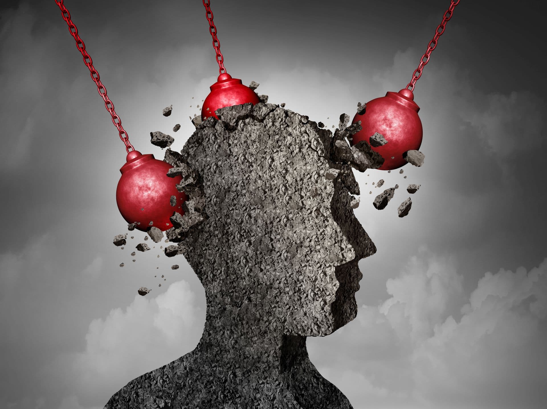 Painful Headache pain and pounding migraine concept as a human head made of cement being destroyed or renovated by a group of wrecking ball objects as a symbol for personal change as a 3D illustration.