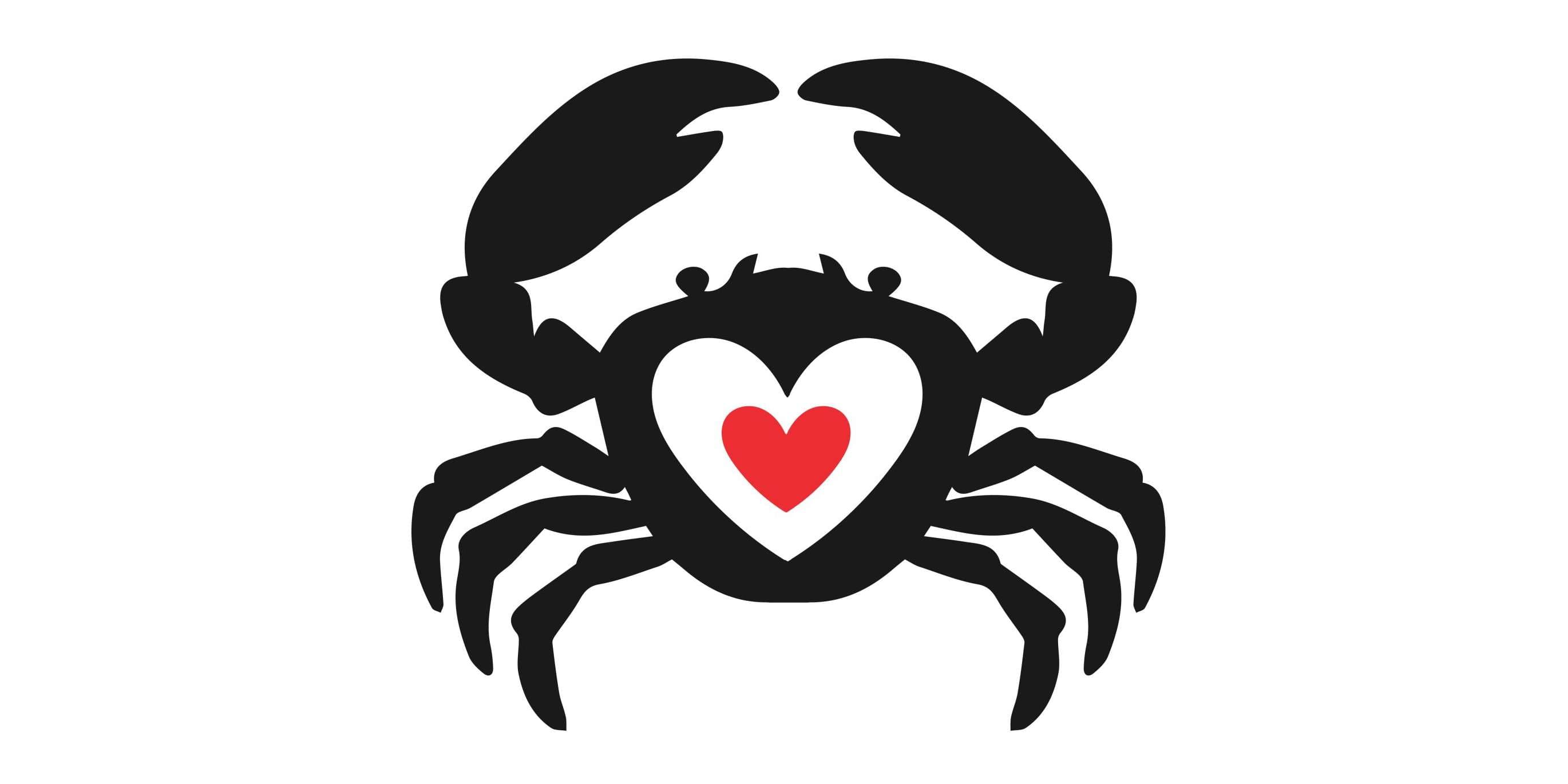 Krabbenherzideenvektorlogotyp. Meeresfrüchte lieben kreatives Symbollogosymbol.