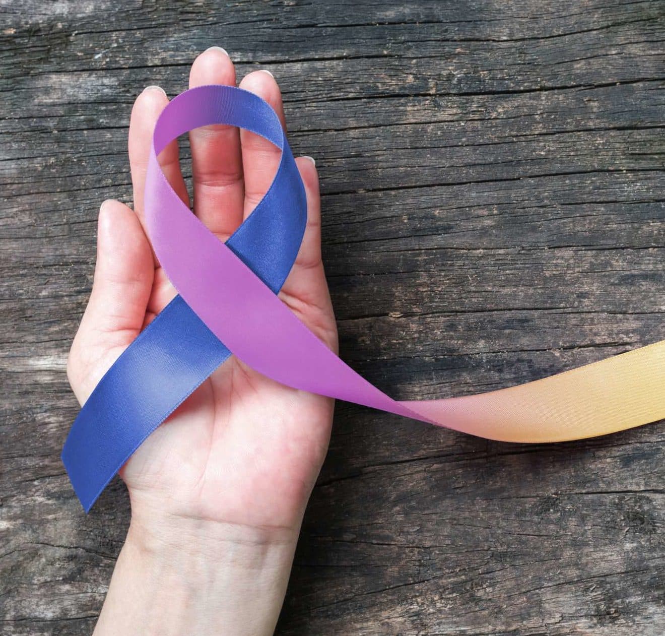 Symbolische Farbe des Ringelblumenkrebsbewusstseins Ringelblumenblauviolettband (isoliert mit Beschneidungspfad) auf helfender Handunterstützung