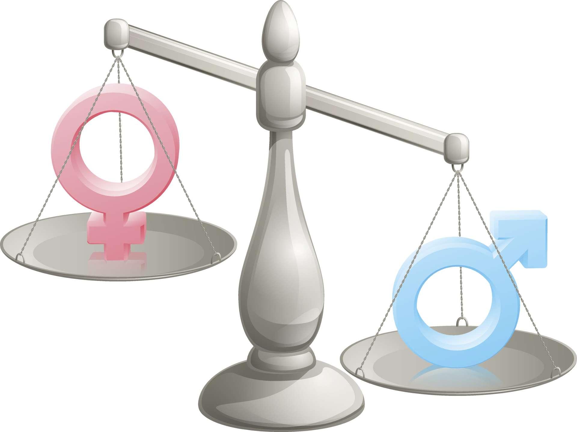 Mann Frau skaliert Konzept mit männlichen und weiblichen Symbolen, der Mann wiegt mehr