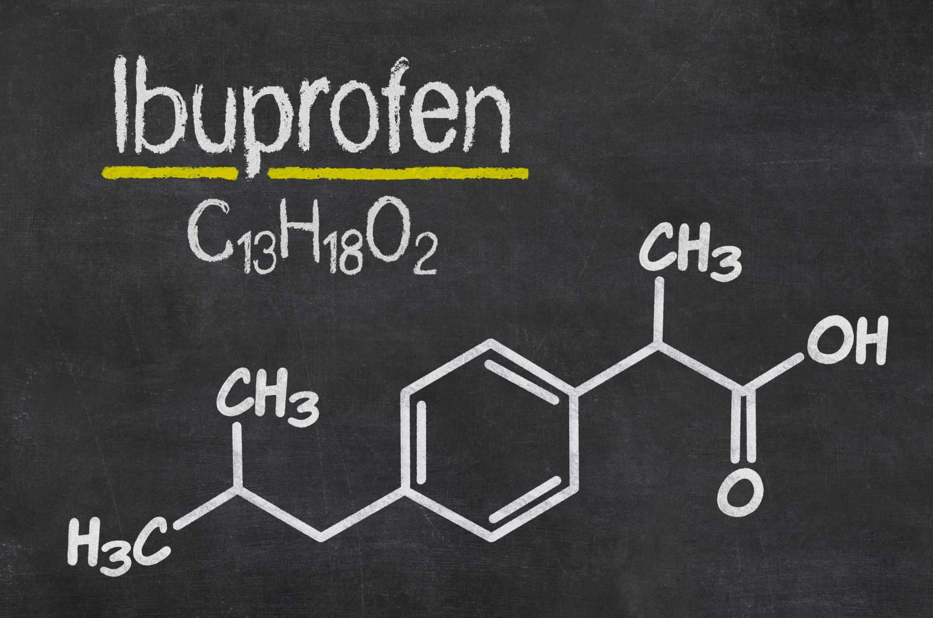 Tafel mit der chemischen Formel von Ibuprofen