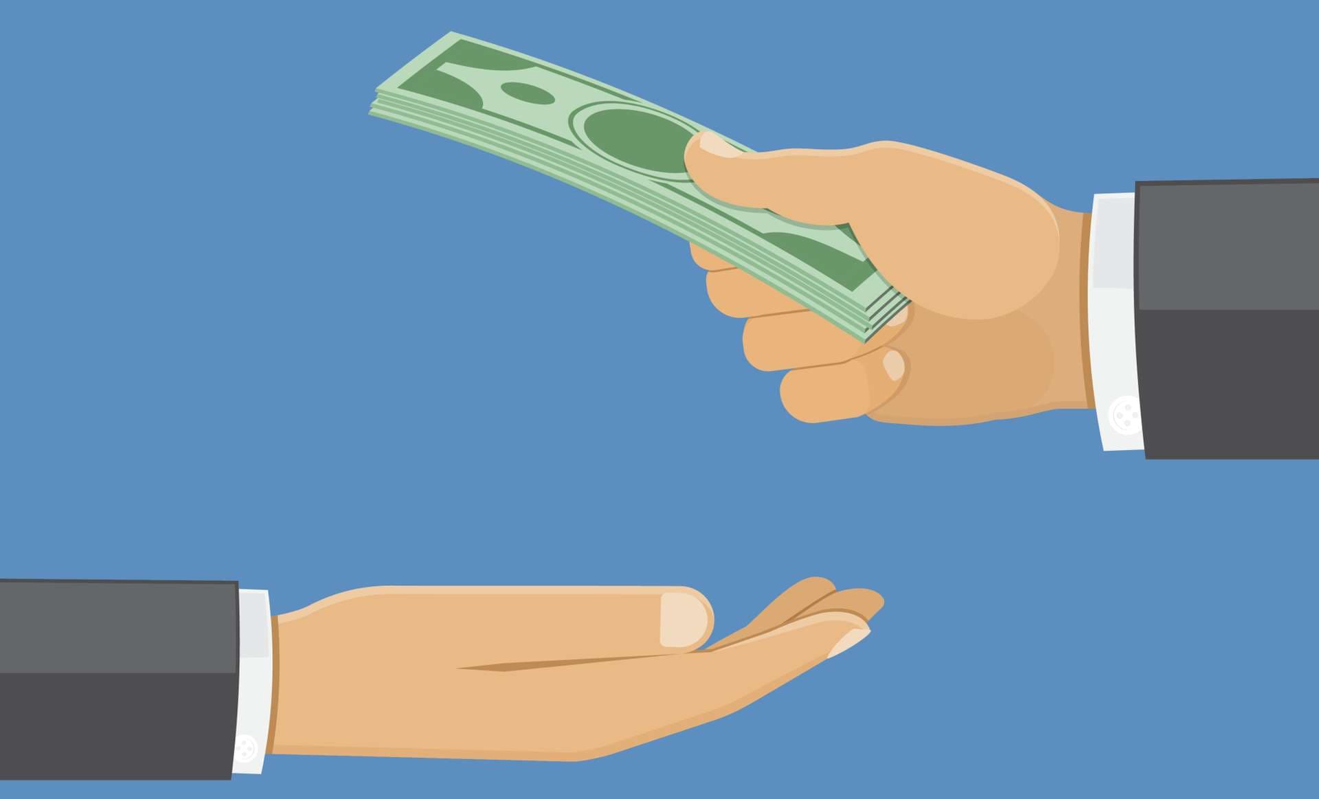 Hand giving cash, the other hand takes the money. Salary, donation, investment, payment concept. Isolated vector illustration