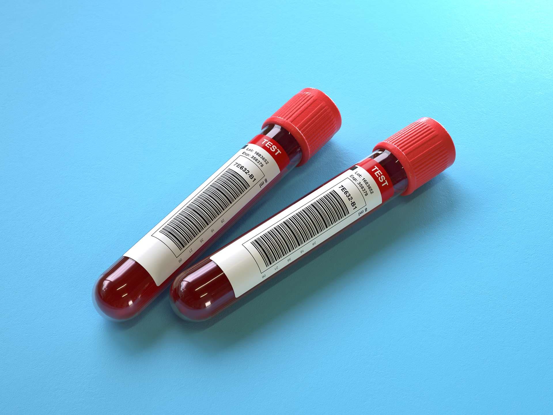 Blutreagenzgläser im Labor, Blutproben, 3D-Rendering, konzeptionelles Bild.
