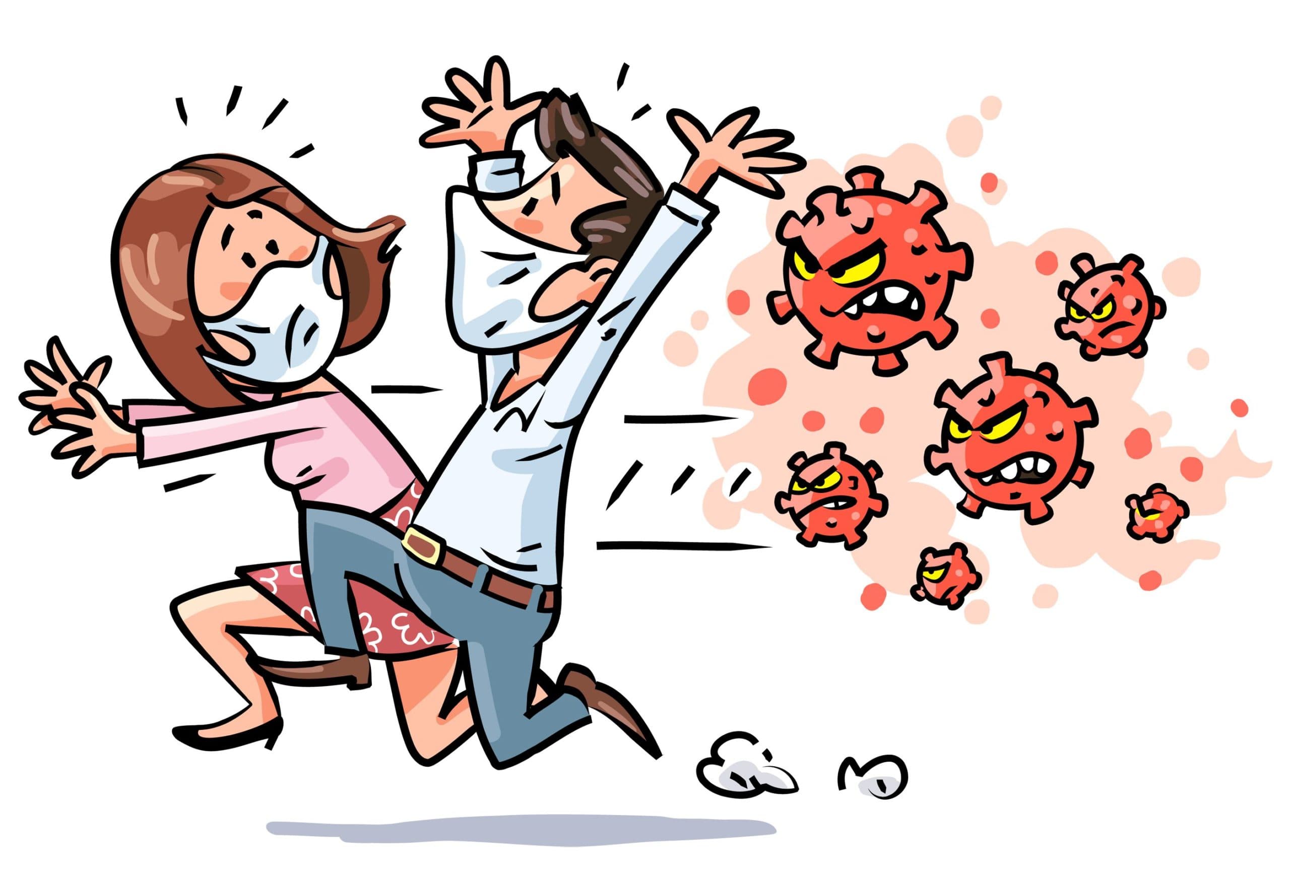 Mann und Frau auf der Flucht vor dem Virus