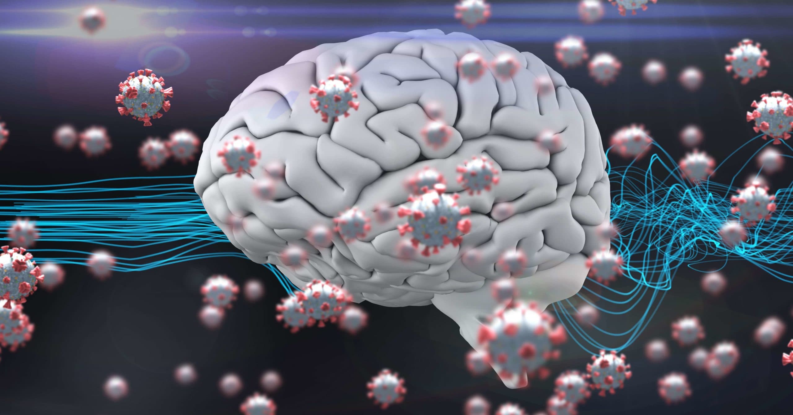 Blaue Faser und menschliches 3D-Gehirn mit schwimmenden Coronavirus-covid19-Zellen