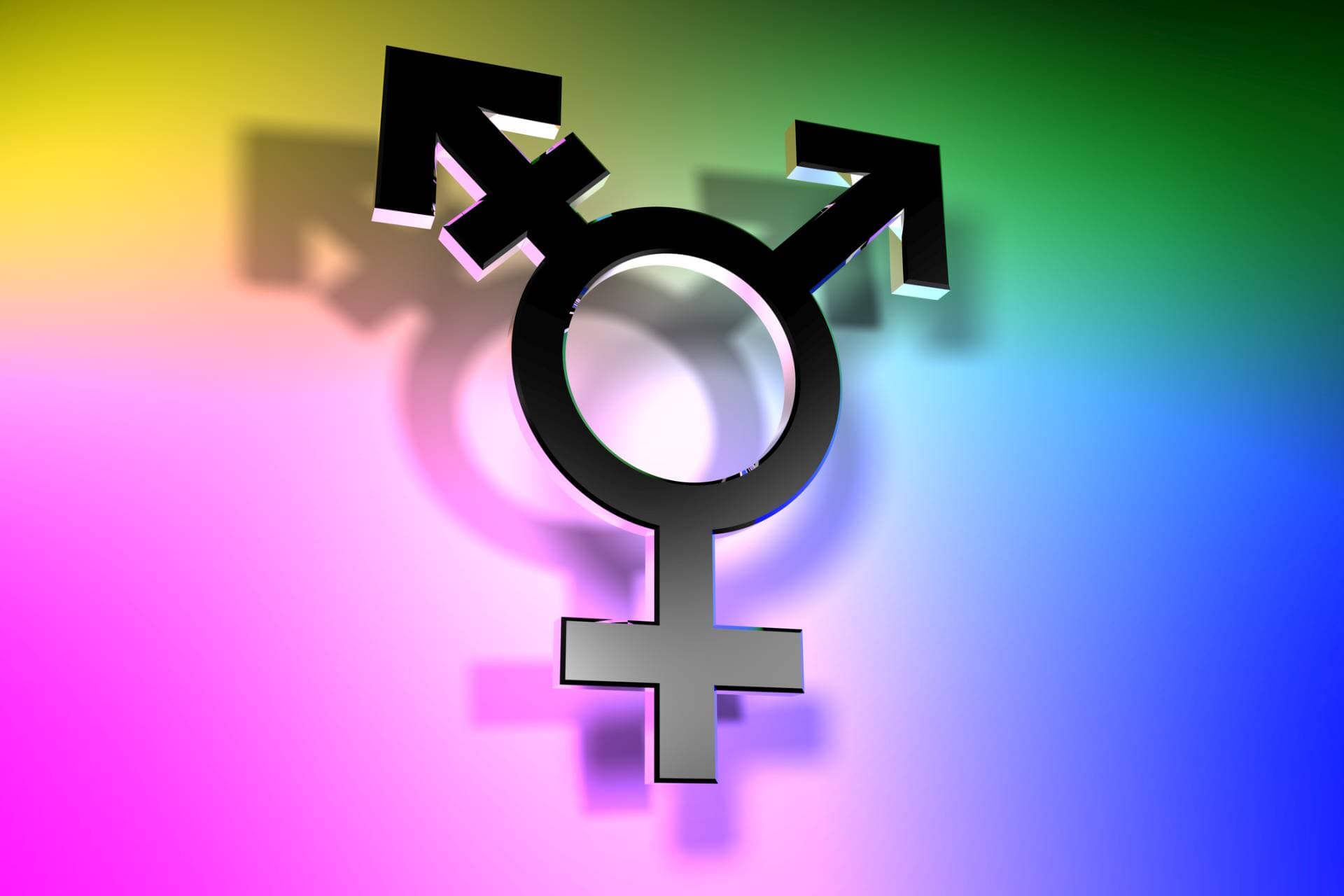 Ein cominbation trans männliches/weibliches Symbol vor einem bunten Hintergrund. LGBT-Probleme.
