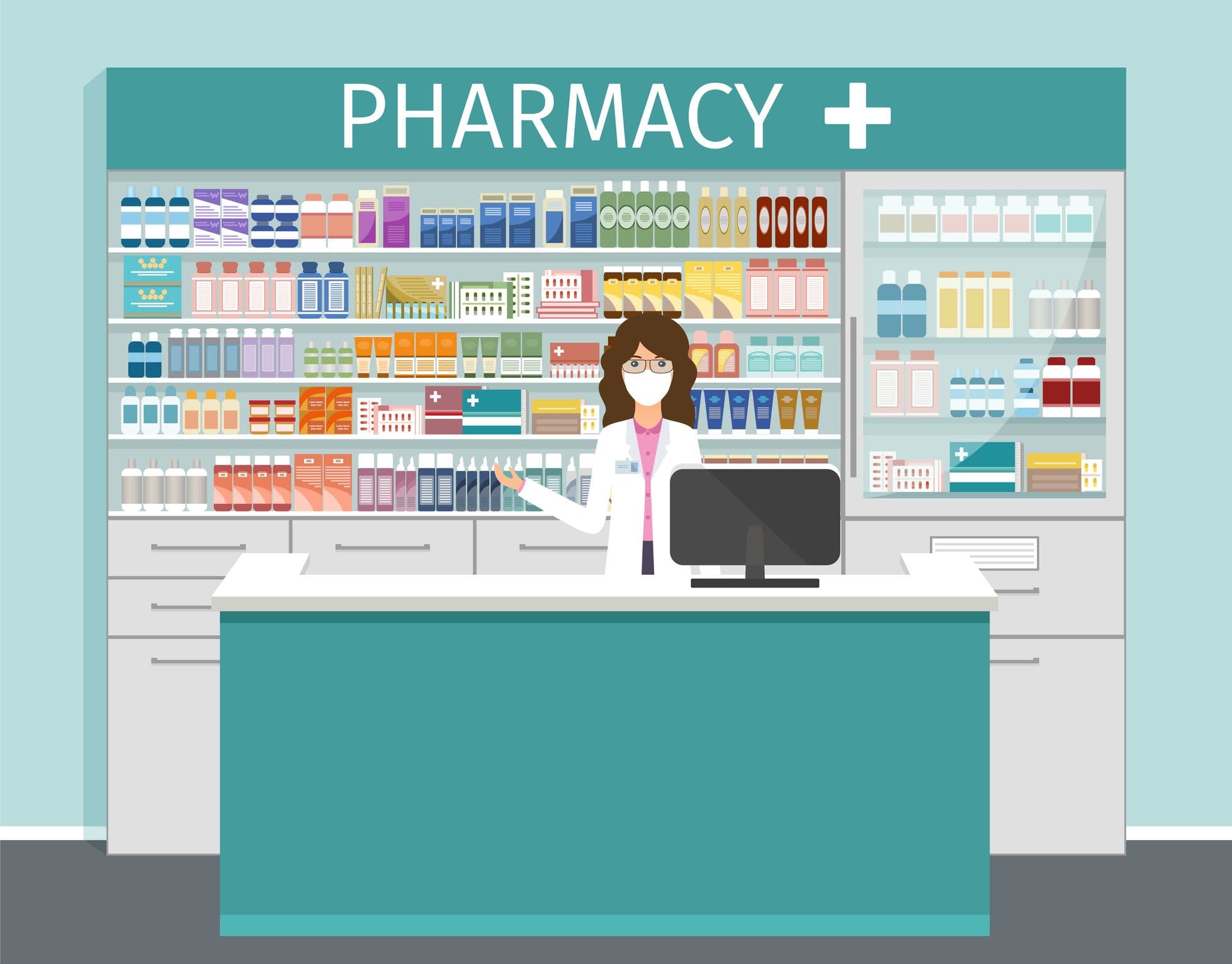 Apotheke mit Apotheker in medizinischer Maske. Vektor-Illustration.