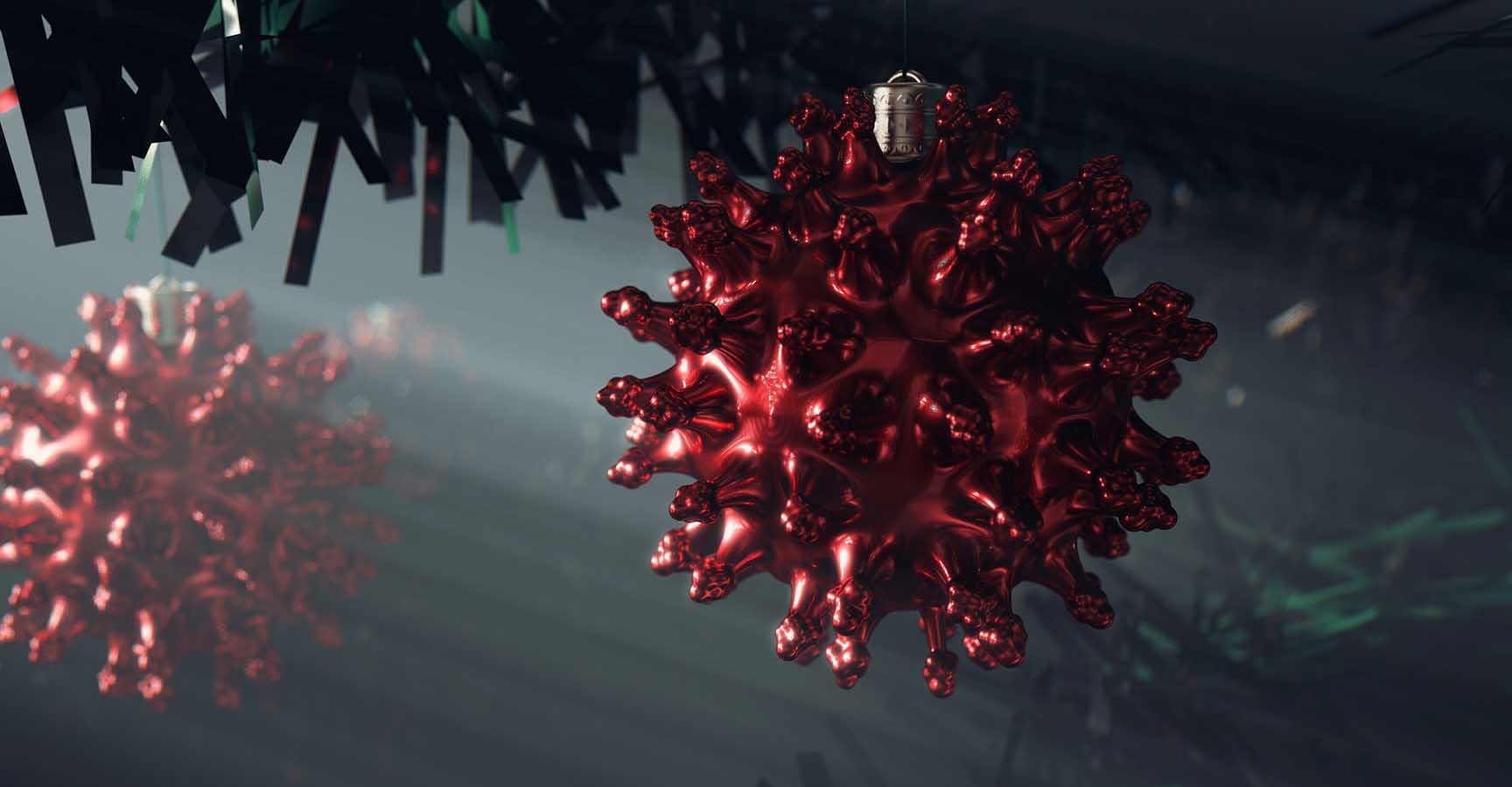 A concept of red christmas baubles in the shape of a coronavirus molecule hanging in a fake green christmas tree - 3D render
