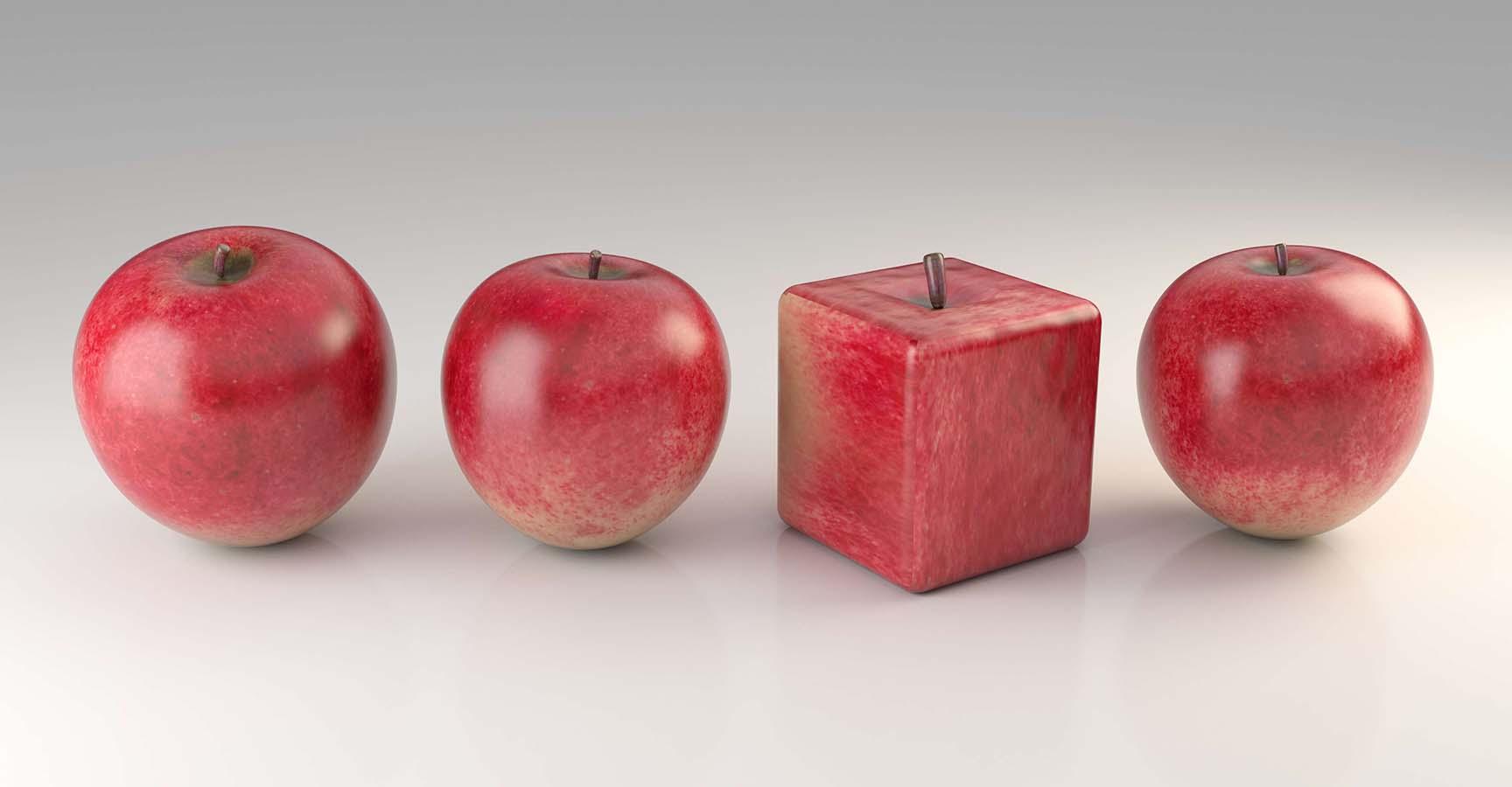 Cube shaped apple between the normal apples. Can be used standing out from the crowd concept. ( 3d render )