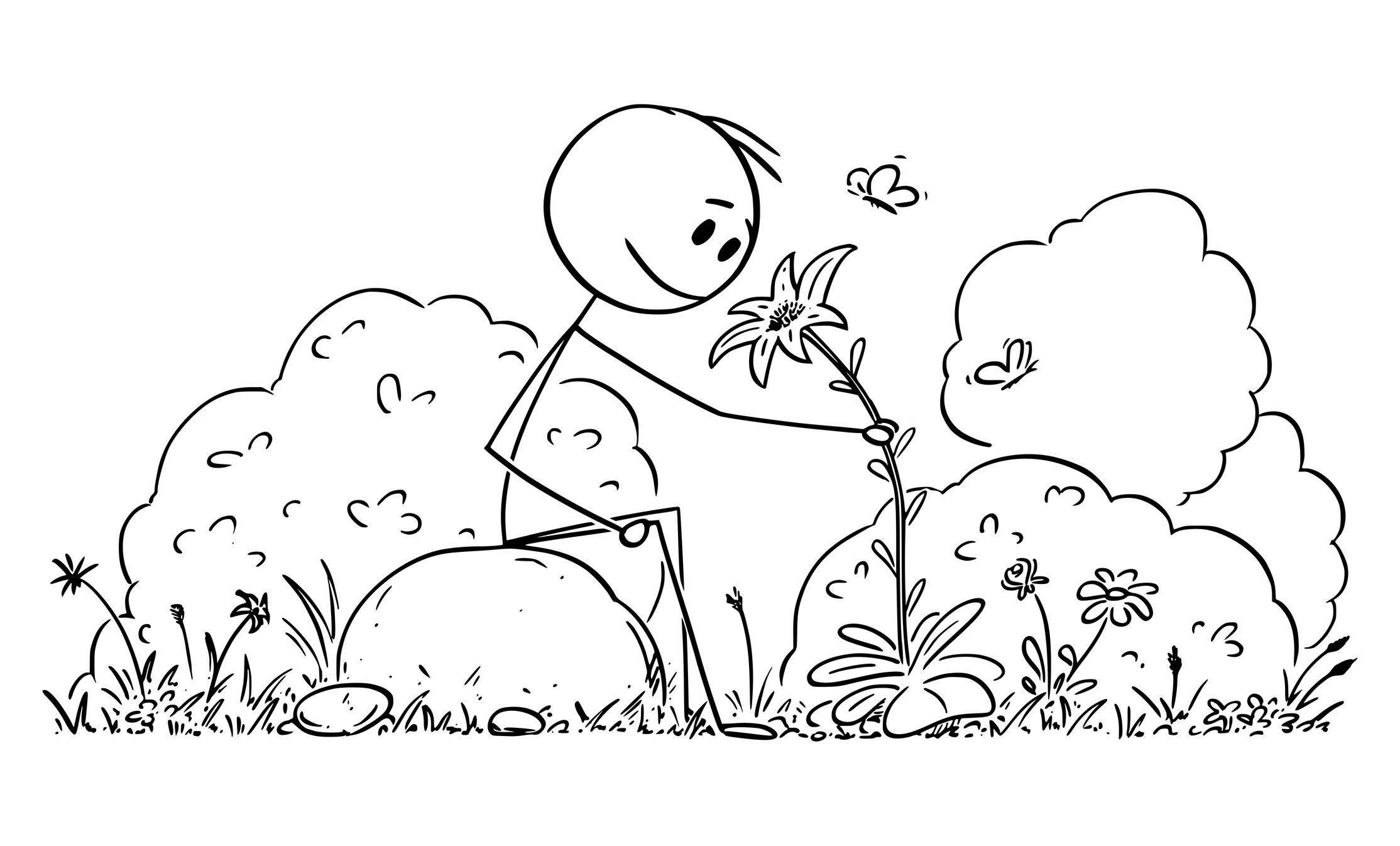 Vektor-Karikatur-Illustration des Mannes, der in der friedlichen Natur sitzt, umgeben von Bäumen, Blumen und Schmetterlingen.