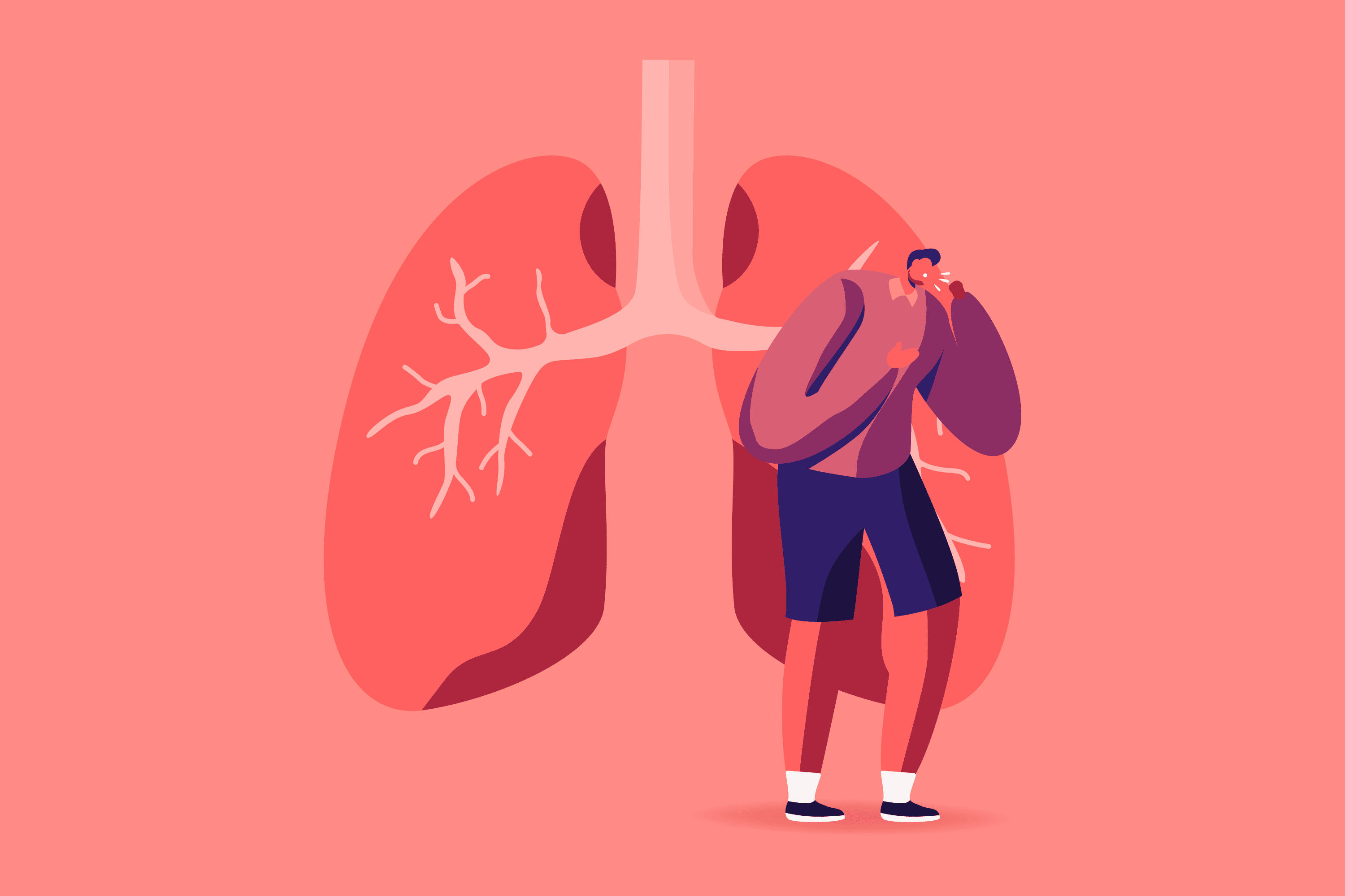 Mann hustet, kranke Lungen im Hintergrund, Pulmonologie-Inspektion, Untersuchung der Atemwege, Gesundheitswesen und Tuberkulose-Behandlung
