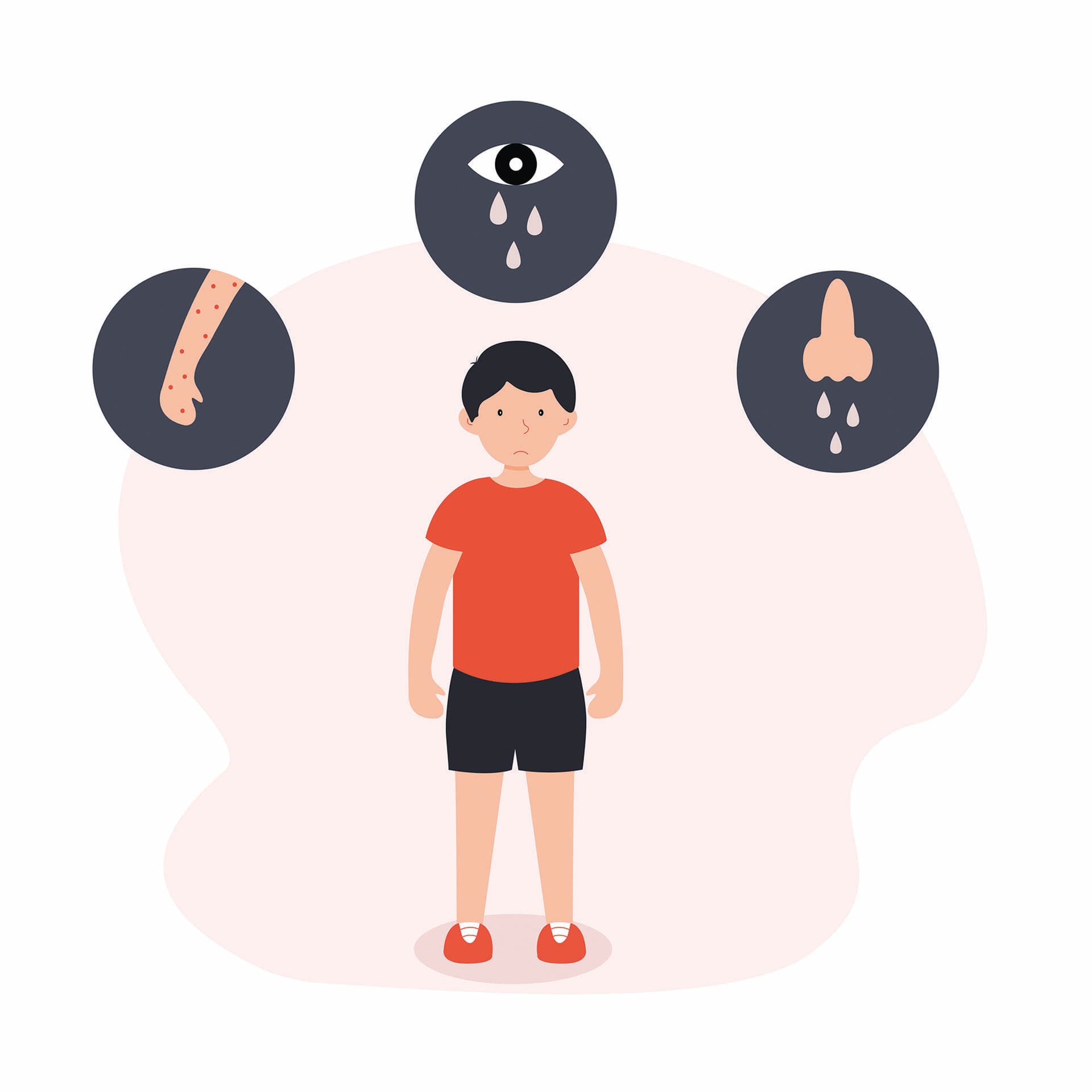 Flache Vektorillustration des Kinderallergiekonzepts. Stehender Junge mit Allergiesymptomen.