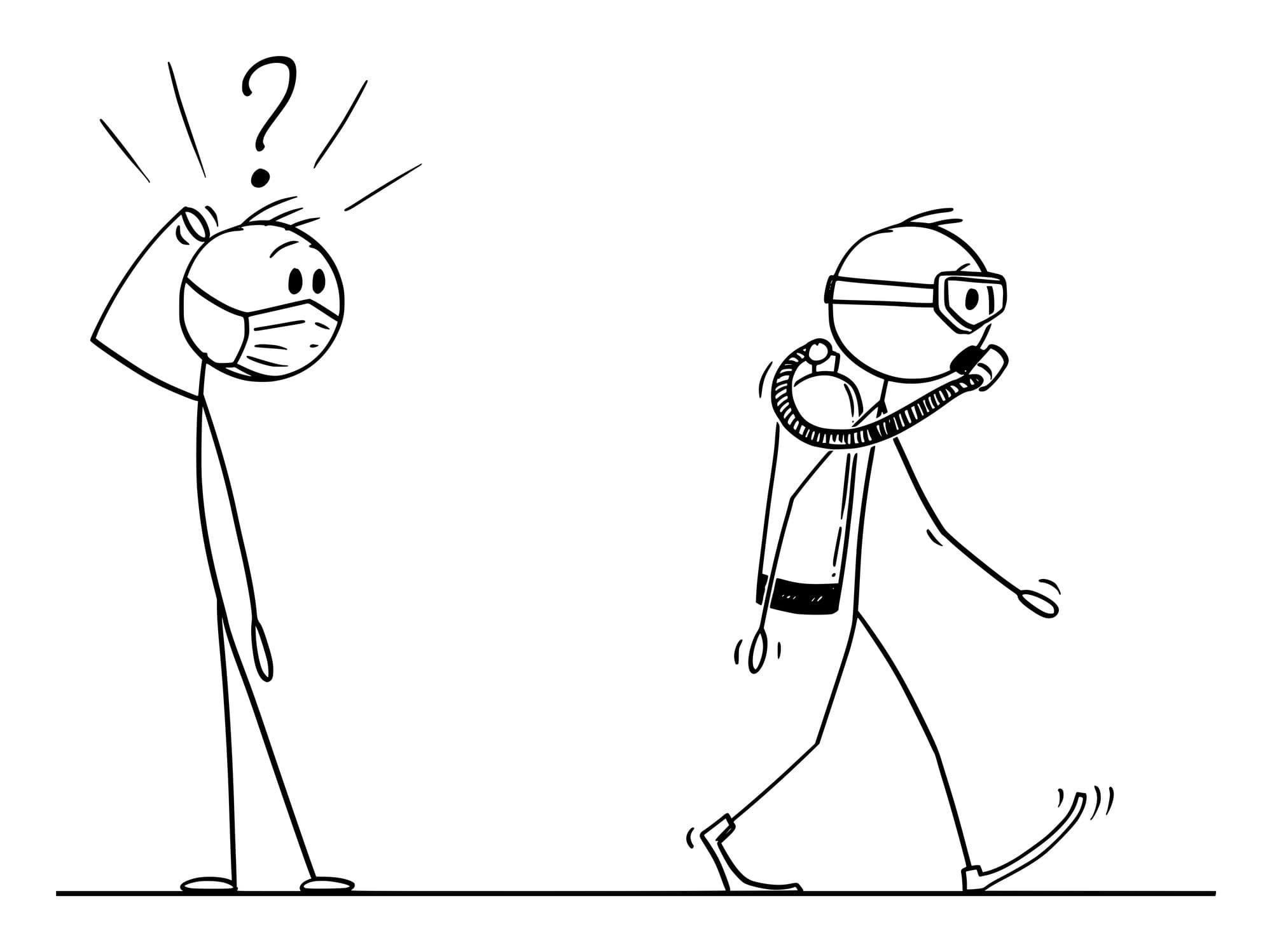Vektorkarikaturillustration des geschockten Mannes in der Gesichtsmaske, die einen anderen Mann betrachtet, der Tauchmaske und Ausrüstung als Schutzanzug gegen Coronavirus Covid-19 trägt