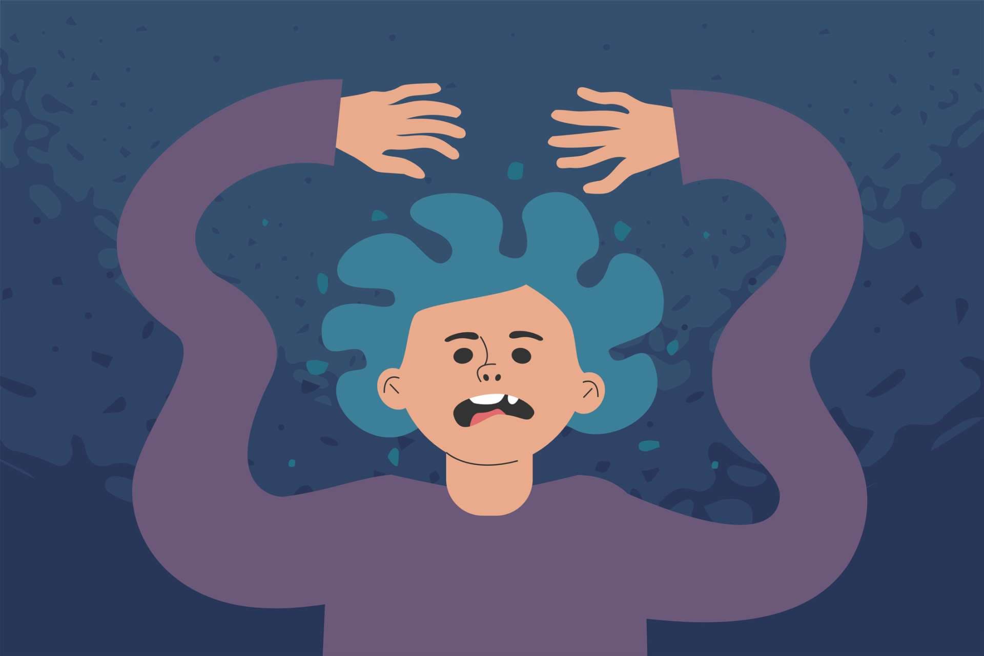 Ein trauriger Charakter verspürt Angst, Angst oder eine Panikattacke. Psychische Störung, Neurose und Verwirrung im Bewusstsein. Flache Vektorillustration.
