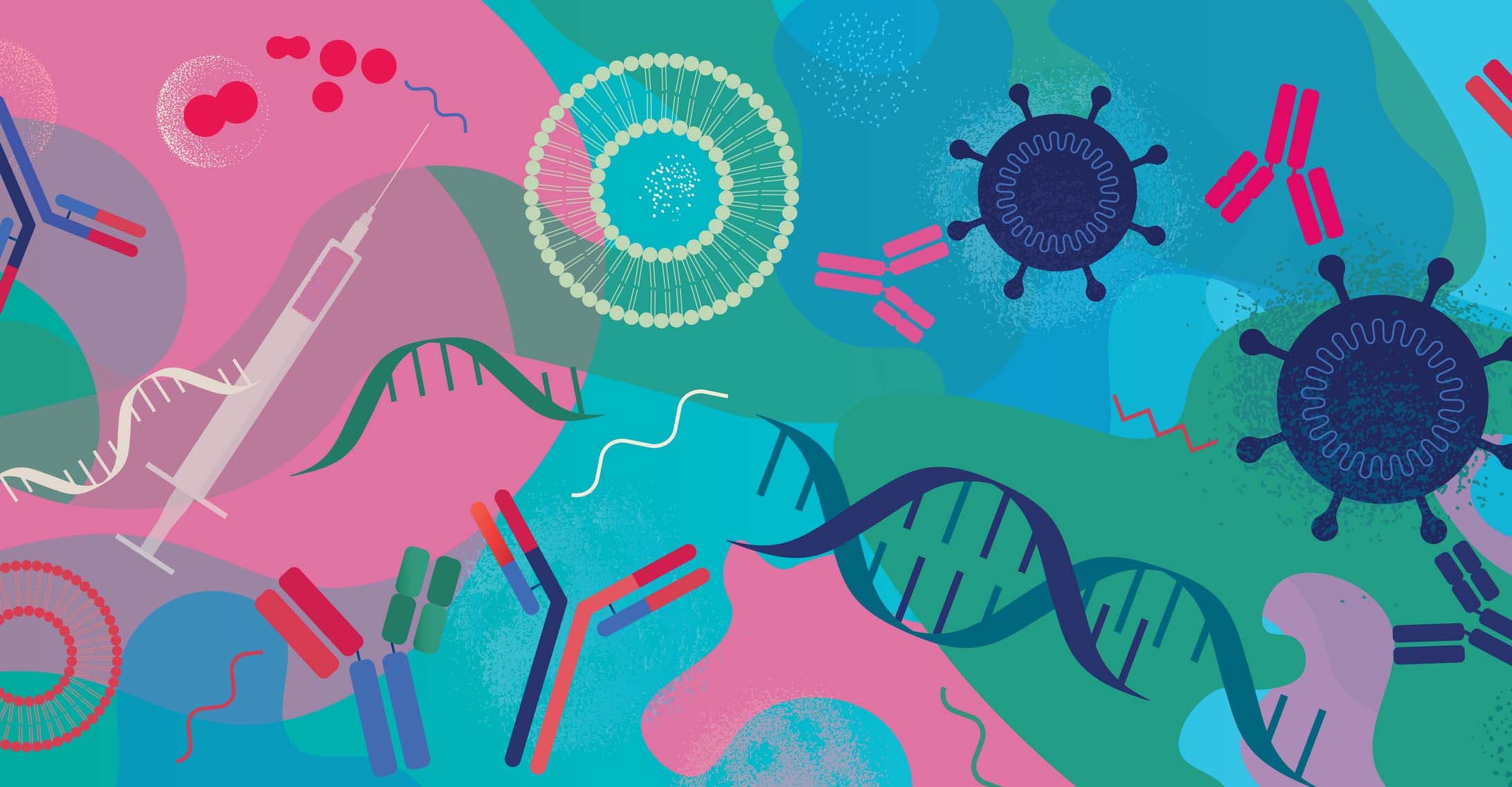 Abstrakter Vektorhintergrund mit handgezeichneten Korneffekten, die Biotechnologie darstellen und mRNA-Impfstoffkonzept entwickeln.