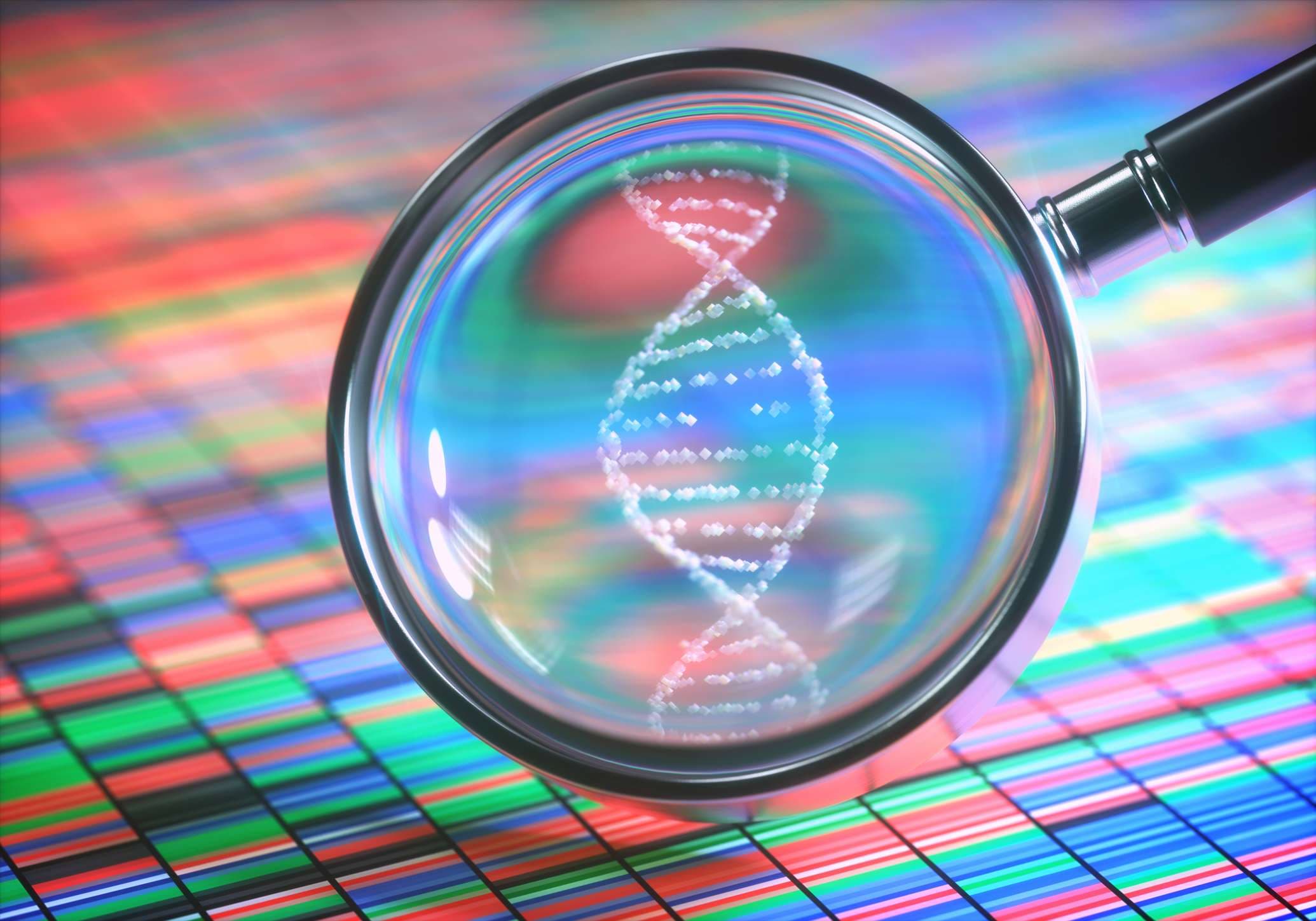 3D-Darstellung. DNA-Sanger-Sequenzierung und eine Lupe, die die DNA-Helix zeigt.