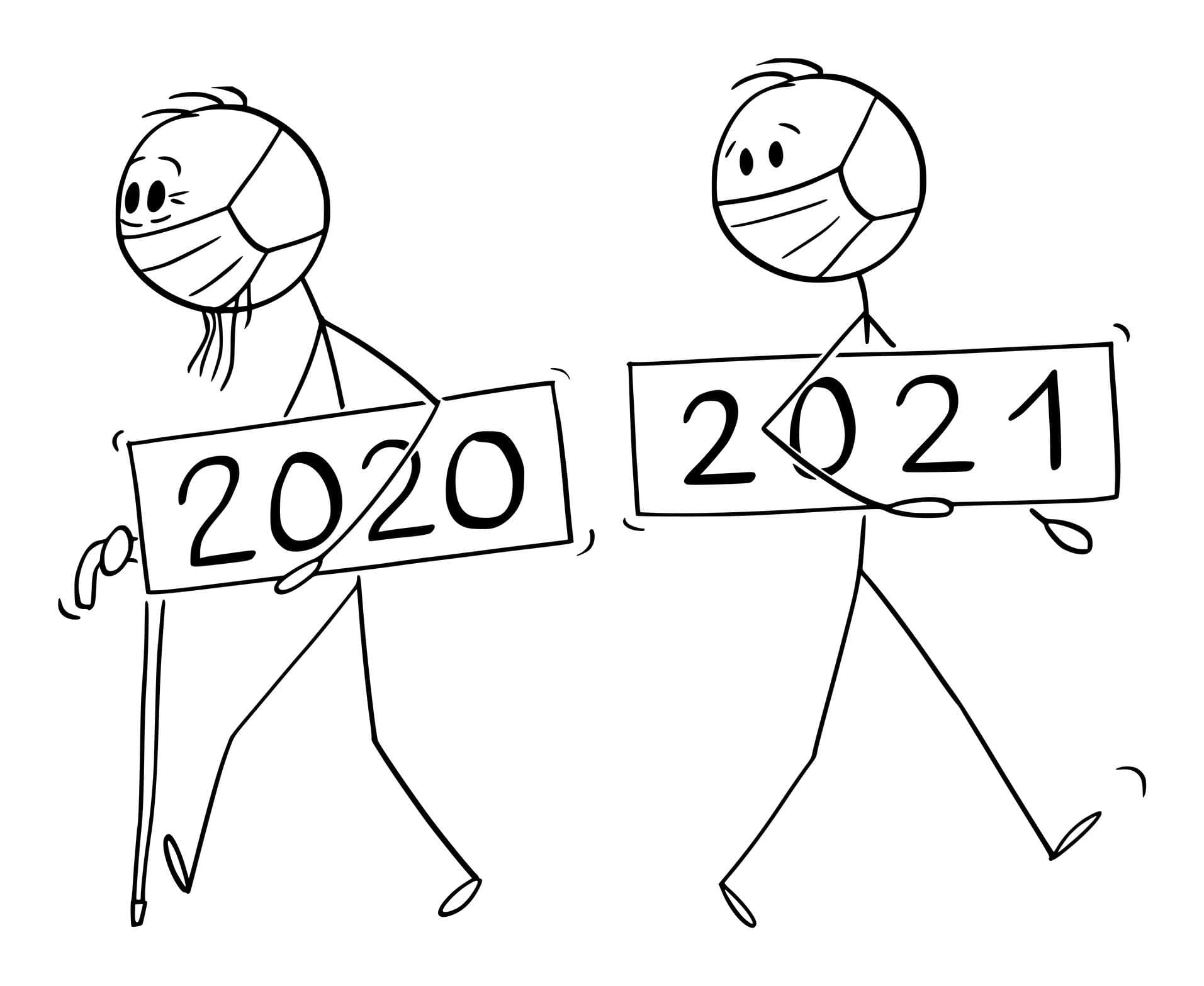 Vektor-Cartoon-Illustration des Jahres 2020 als alter Mann geht, neues Jahr 2021 kommt, beide tragen eine Coronavirus Covid-19-Schutzmaske
