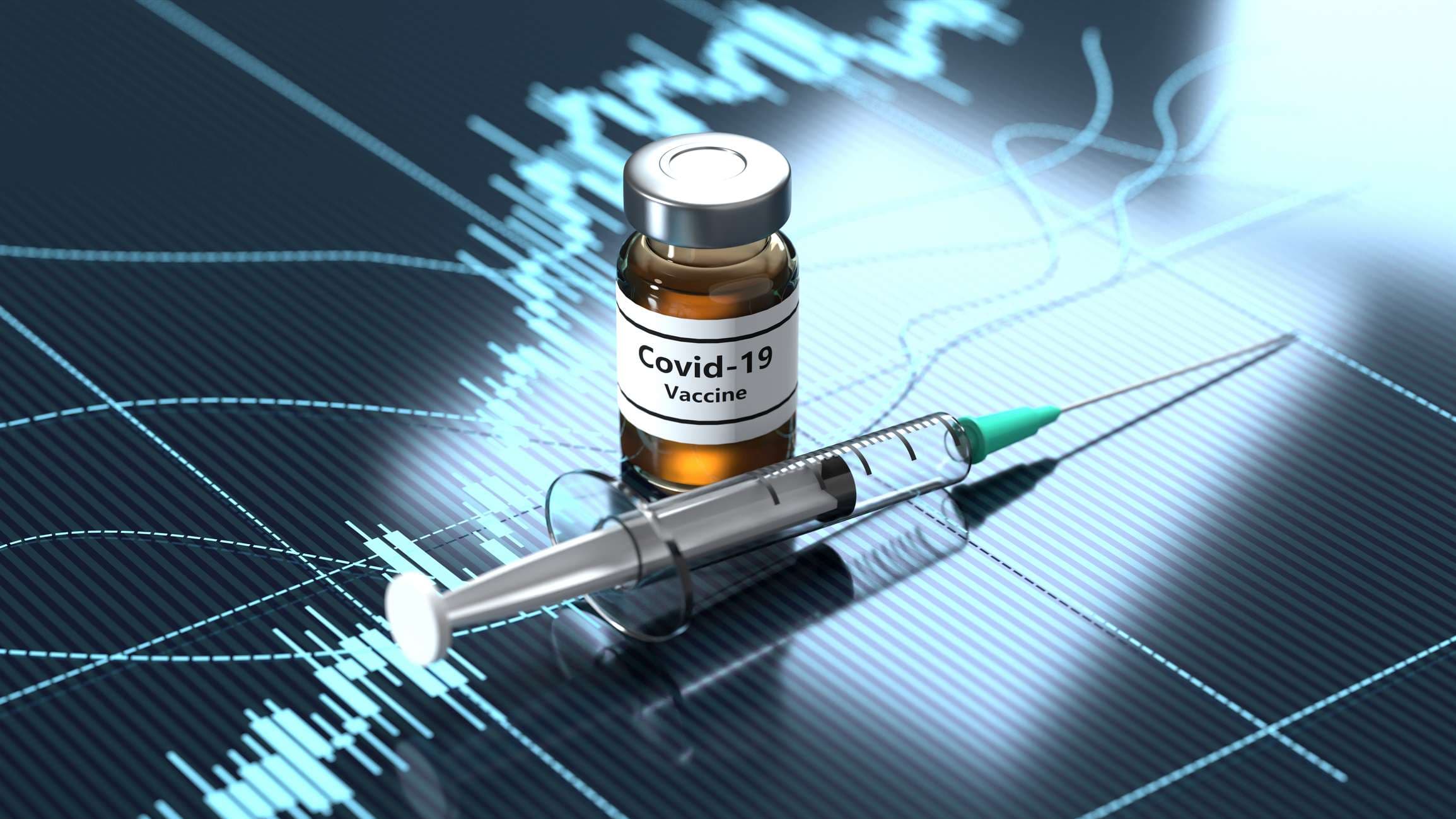 Coronavirus Covid-19 Impfstoff und Spritze auf blauem Finanzdiagrammhintergrund
