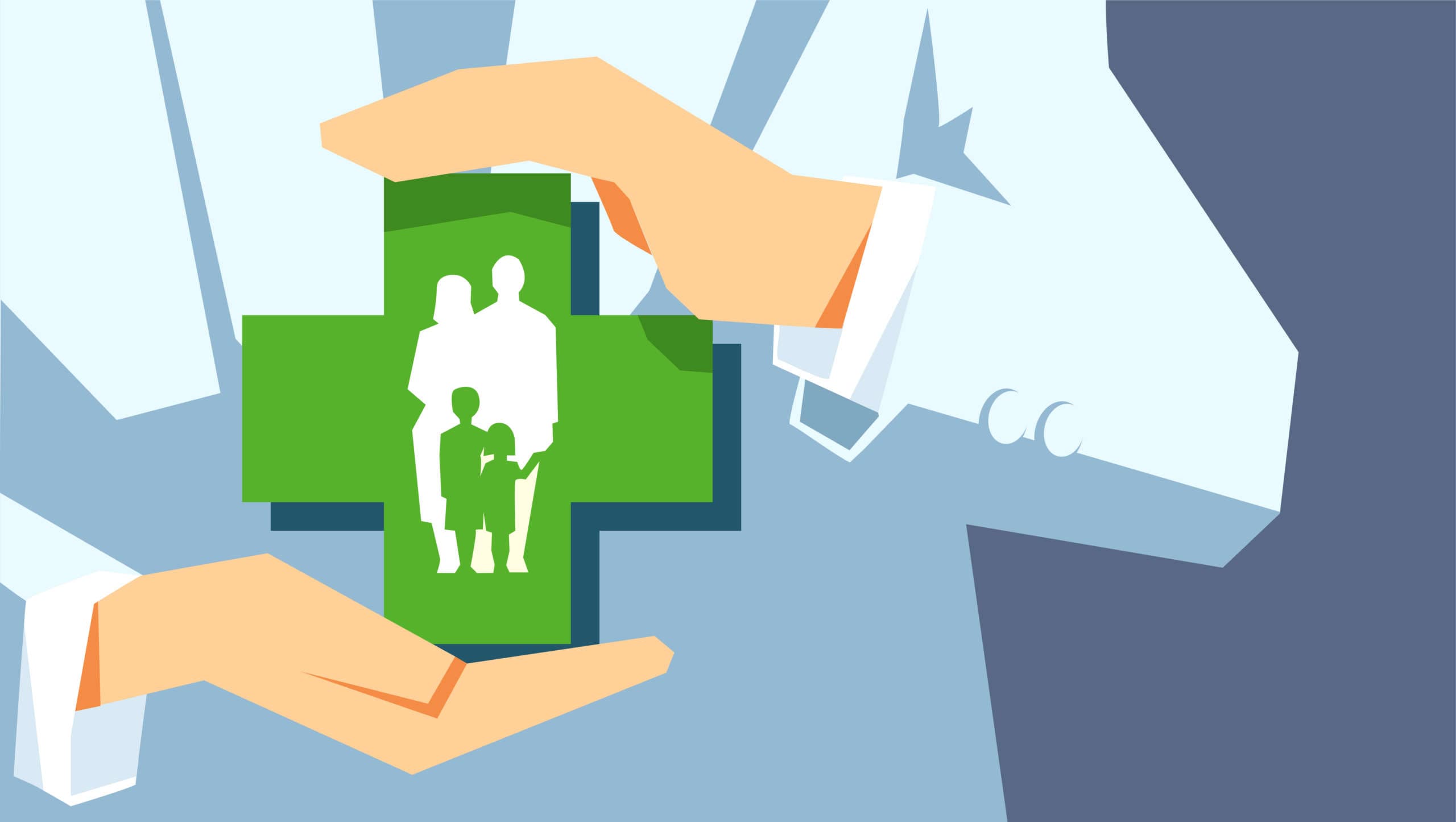 Familienschutz. Versicherungskonzept. Agent oder Arzt hält das Familiensymbol in den Händen, das auf grauem Hintergrund isoliert ist.