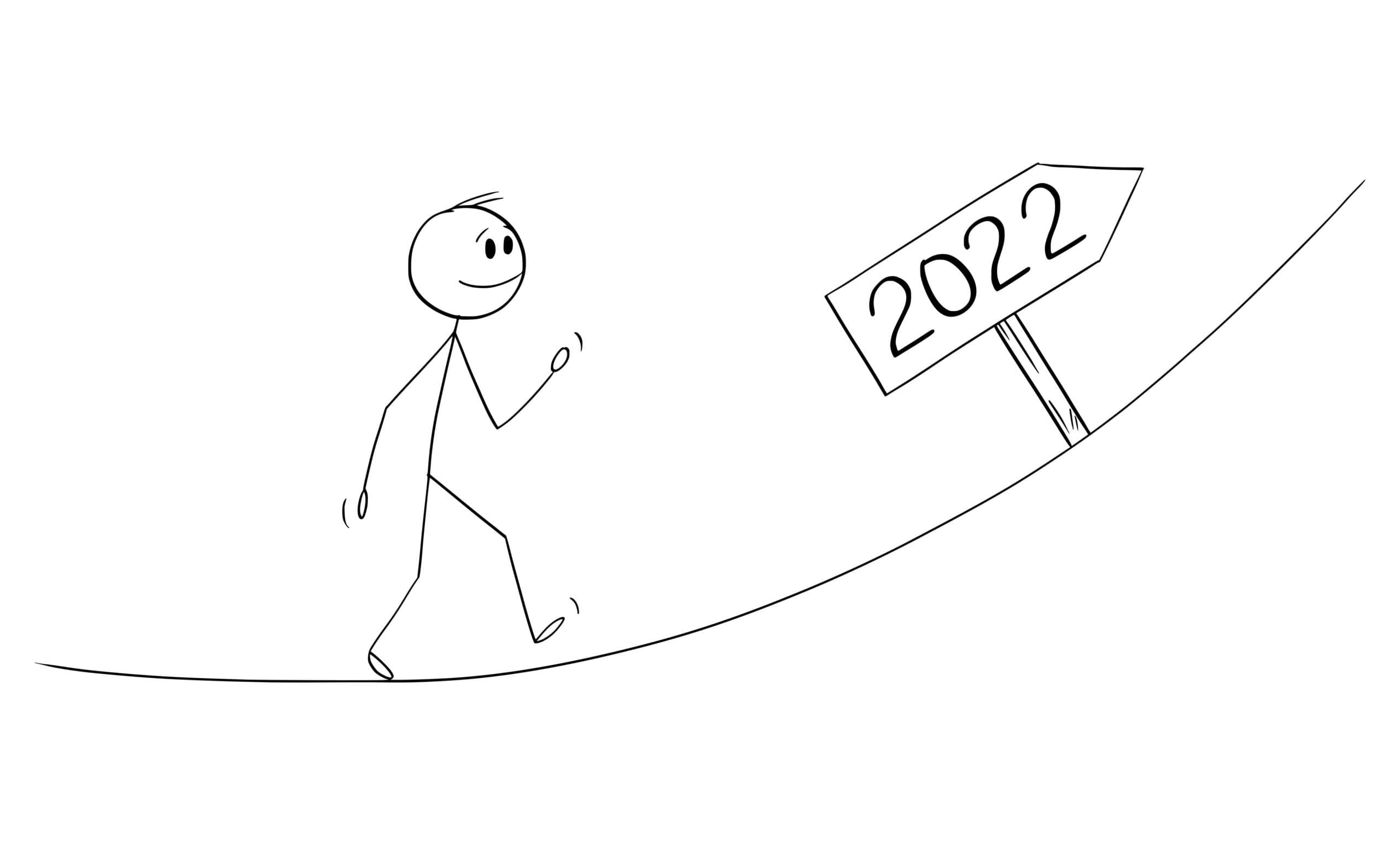 Person, die nach oben geht, große Erwartungen aus dem Jahr 2022, Vektor-Cartoon-Strichmännchen-Illustration