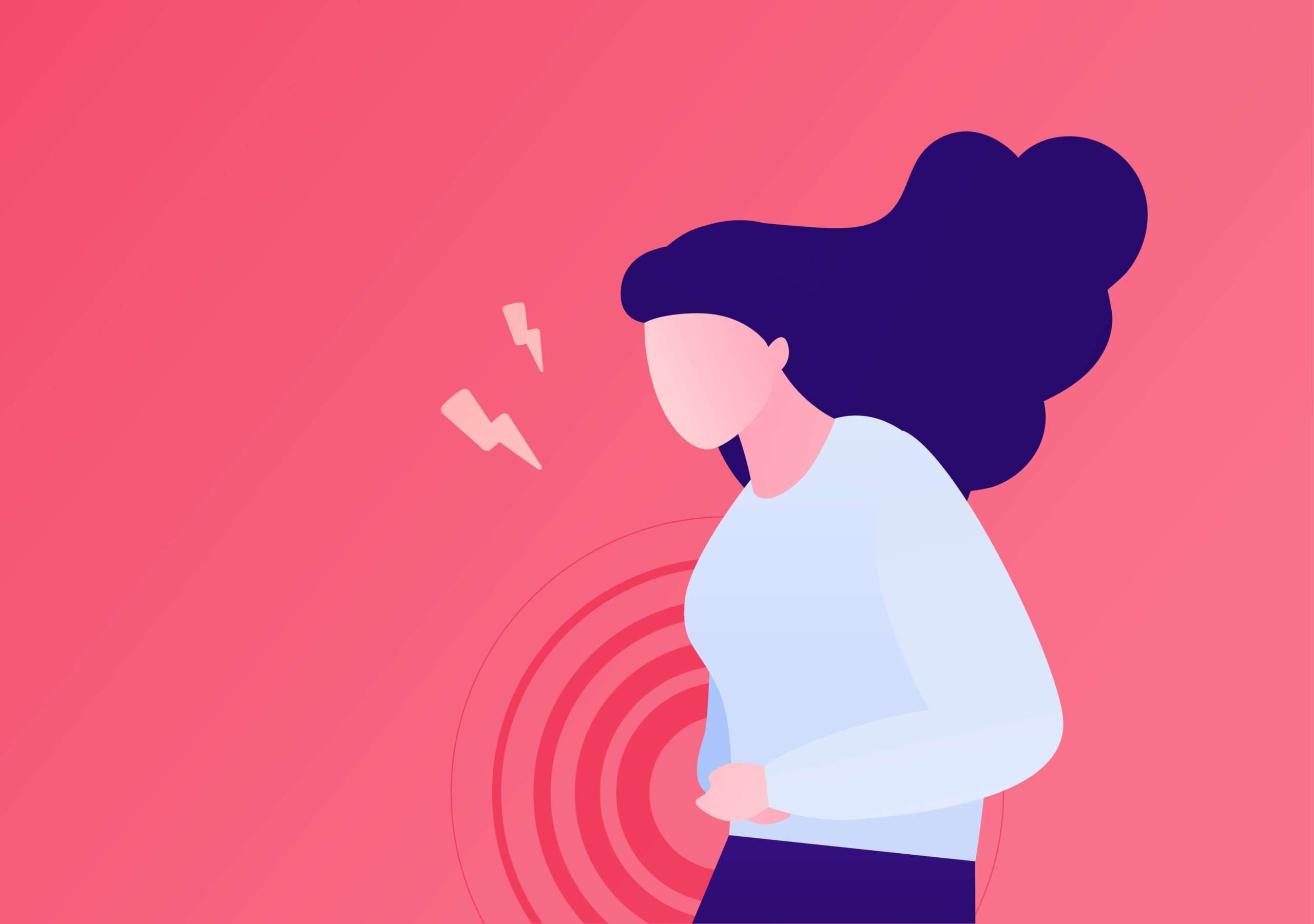 Schmerzhaftes Konzept der weiblichen Periode. Flache Charakterillustration des Vektors. Frau steht und leidet unter menstruellen Bauchschmerzen isoliert auf rosa Hintergrund. Design für das Gesundheitswesen.