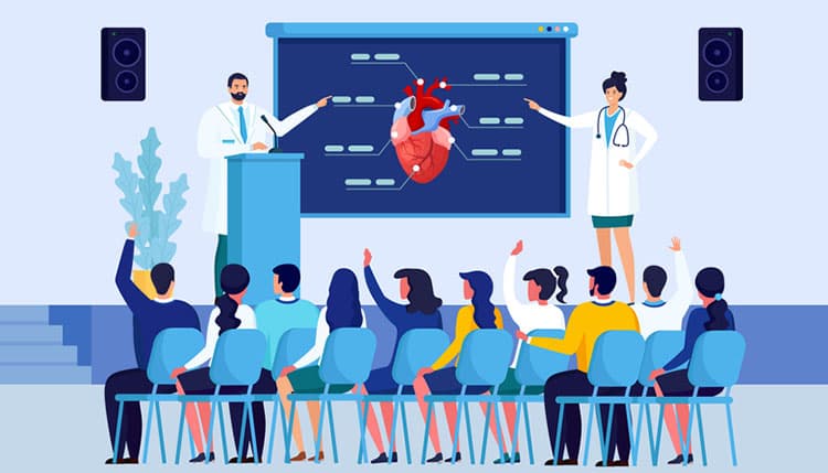 Medical seminar, conference with doctors. Meeting room for medics workshop. Presentation of doctor speaker. Vector design