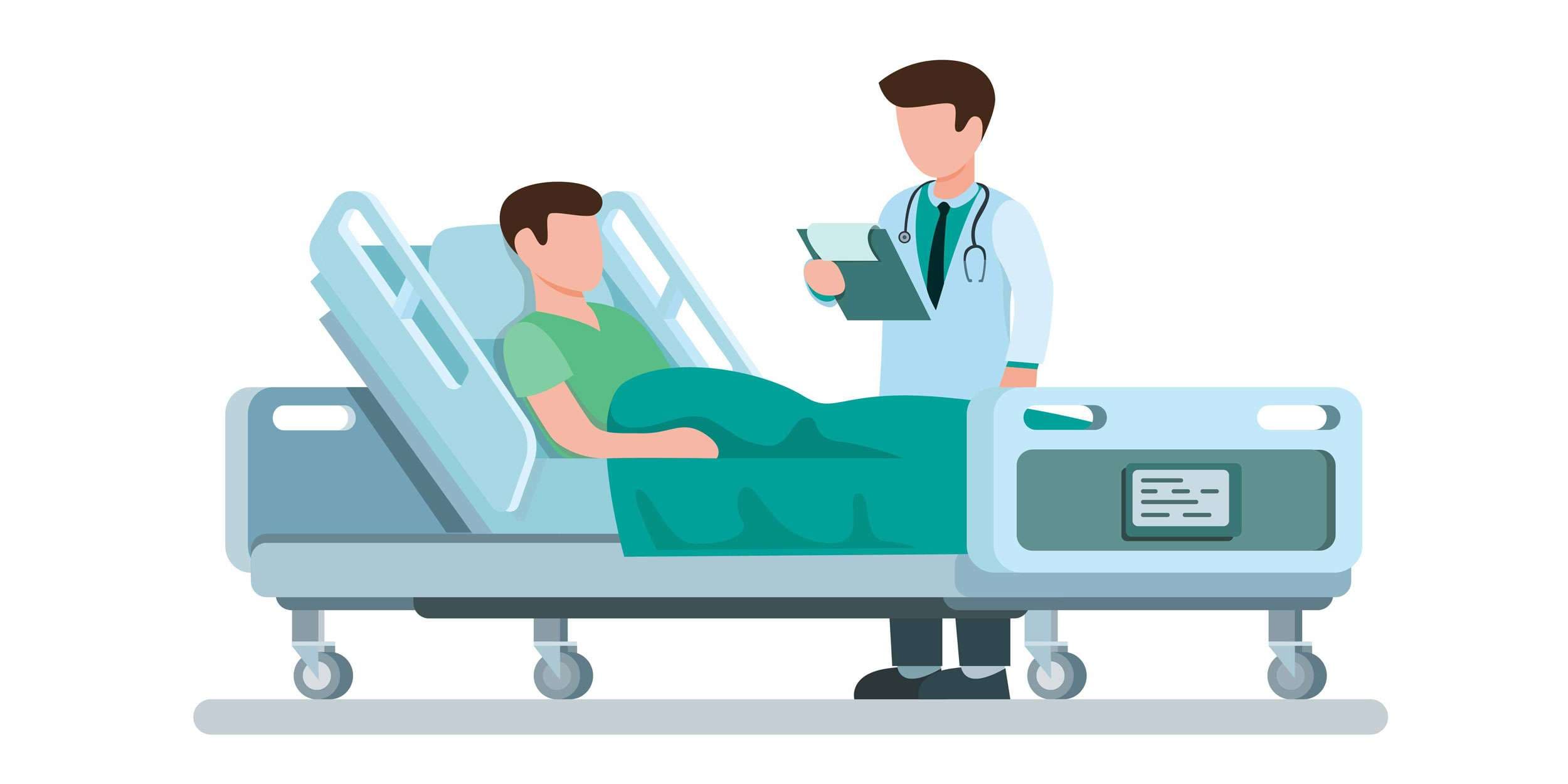 Der Arzt besucht den Patienten und erklärt die Diagnose der Krankheit in einem flachen Illustrationsvektor der Karikatur, der auf weißem Hintergrund isoliert ist