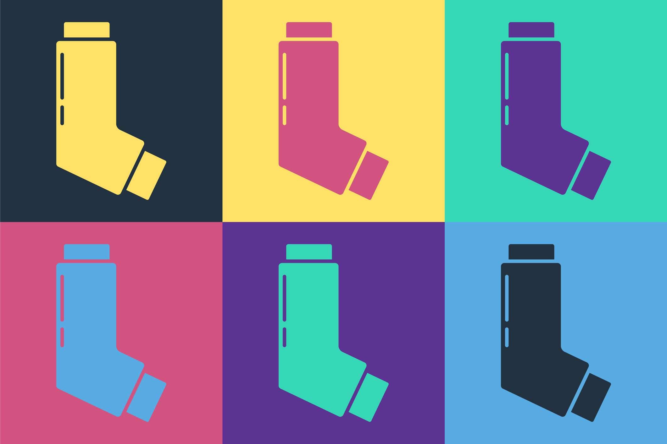 Pop-Art-Inhalator-Symbol isoliert auf farbigem Hintergrund. Beatmungsgerät zur Linderung von Husten, Inhalation, Allergiker. Medizinisches Allergie-Asthma-Inhalationsspray. Vektor-Illustration