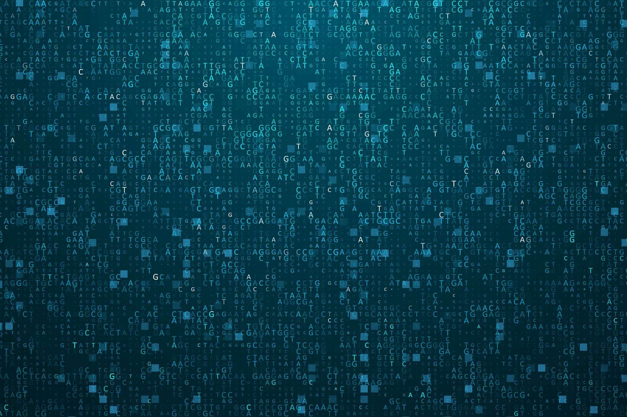 Visualisierung großer genomischer Daten. Digitaler AGCT-"Code". Vier Basen der DNA-Paarung. Grafisches Konzept für Ihr Design