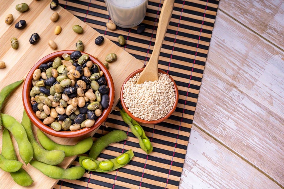 Eine Draufsicht auf frische Sojabohnenschoten, Edamame-Sojabohnen mit granuliertem Sojalecithin und Sojamilch