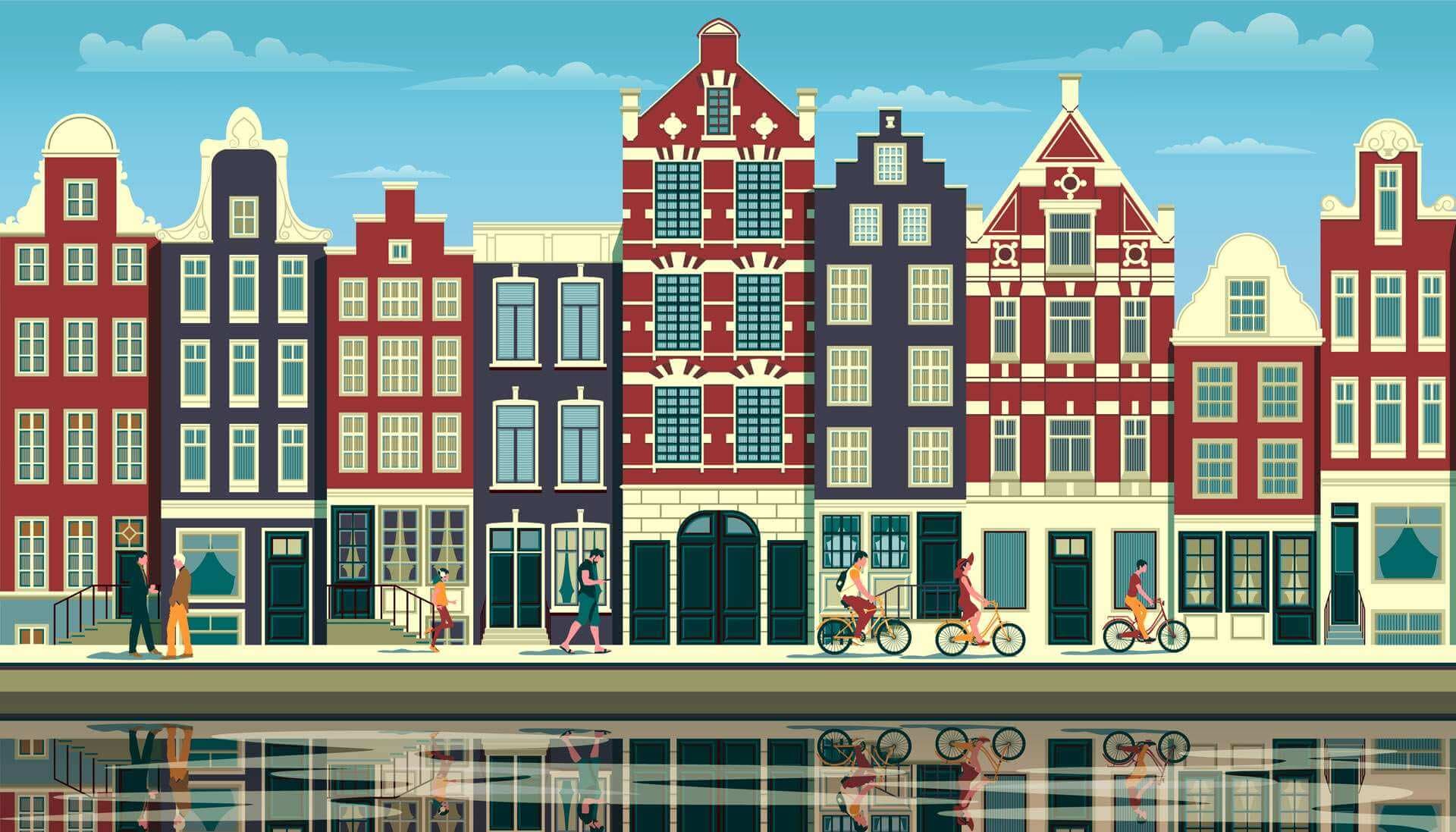 A street in Amsterdam with traditional buildings, walking people and reflections in the water
