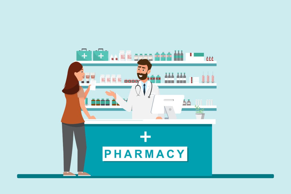 pharmacy with pharmacist and client in counter. drugstore cartoon character design vector illustration