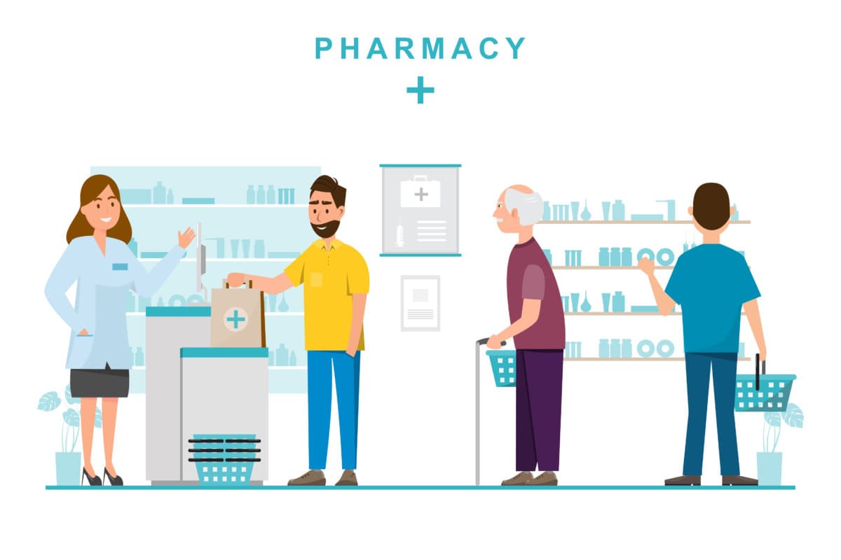 pharmacy with pharmacist and client in counter. drugstore cartoon character design vector illustration