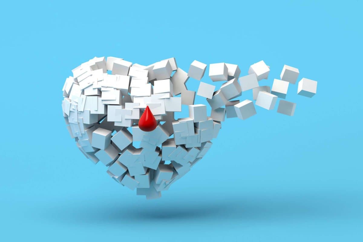 Heart of sugar and blood drop. World Diabetes Day. Copy space. 3D render.