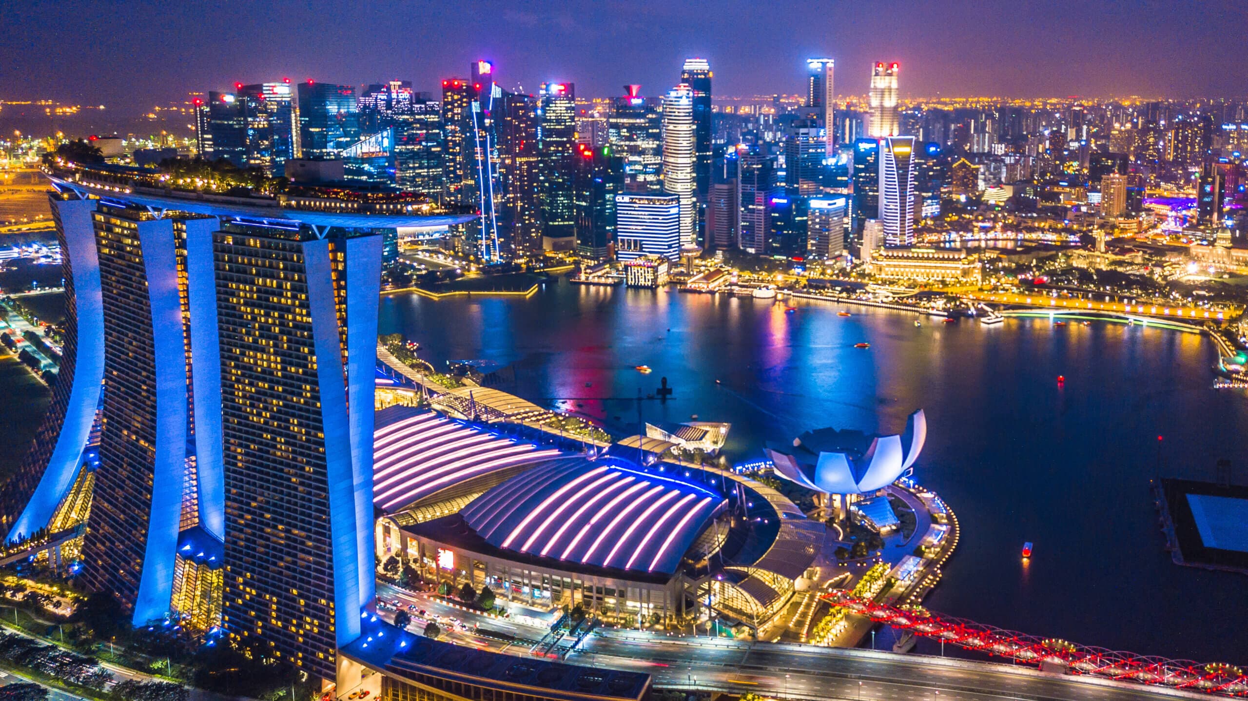 Aerial top view Singapore city skyline.