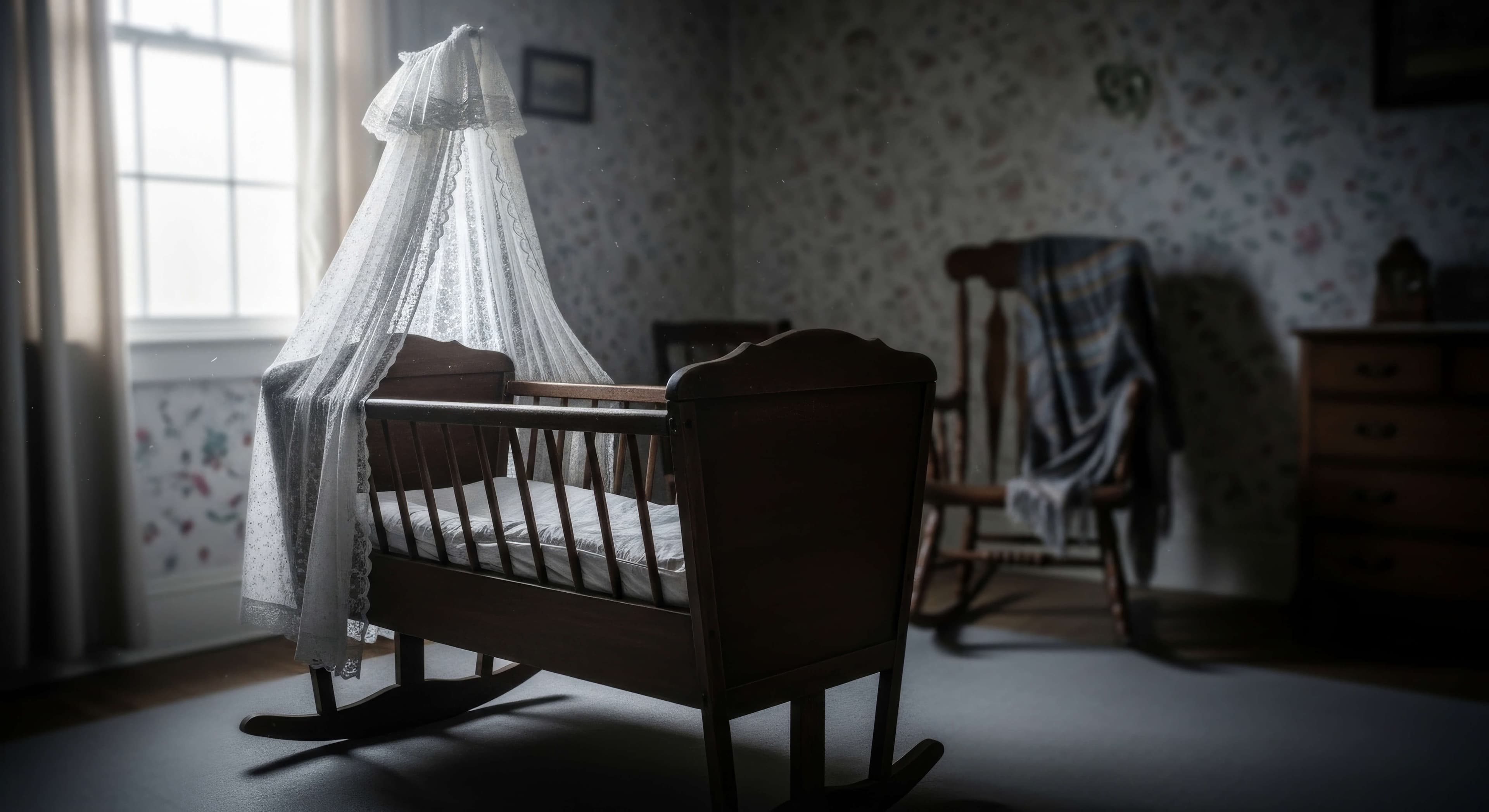 Empty antique wooden cradle in a dimly lit room